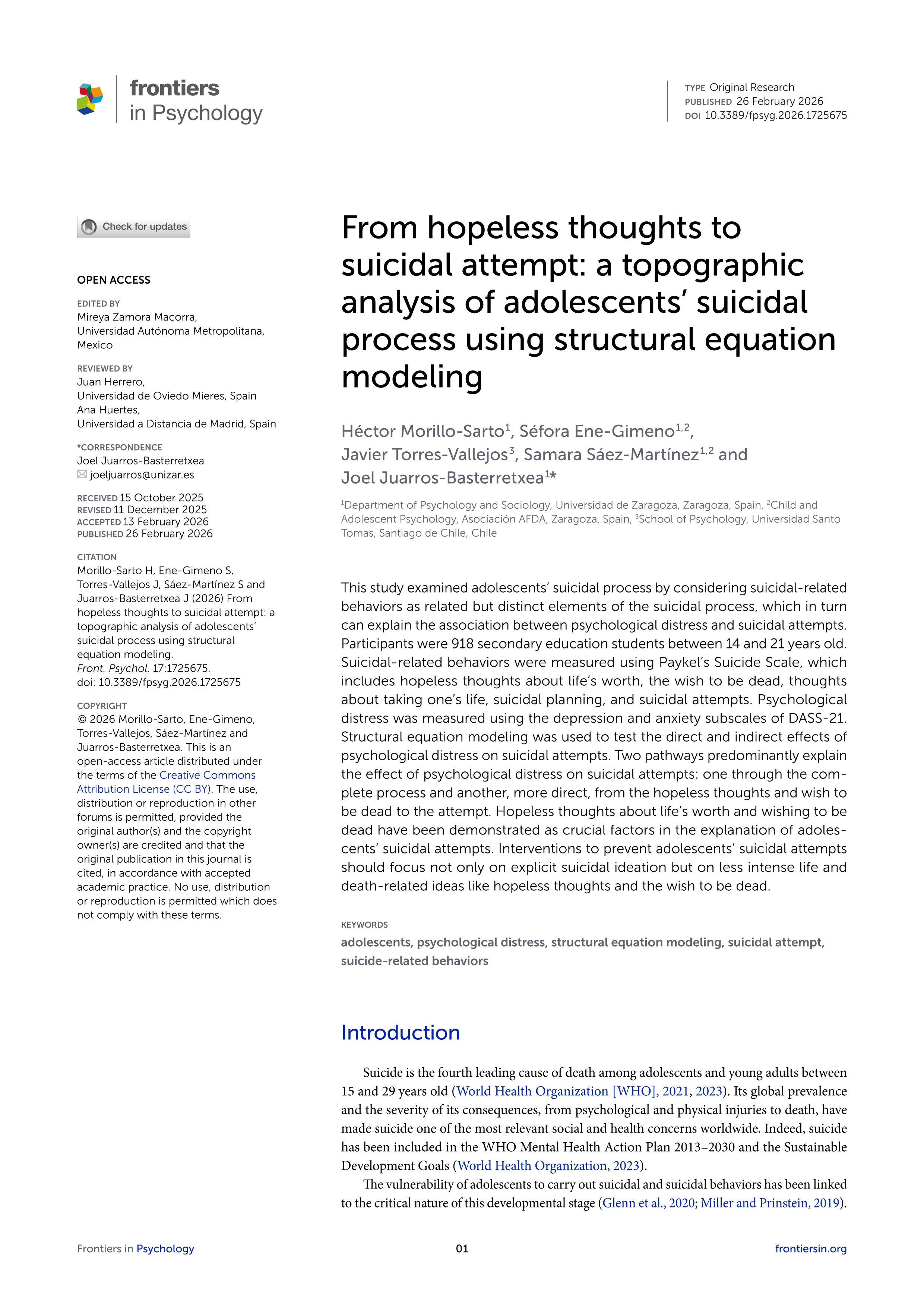 From hopeless thoughts to suicidal attempt: a topographic analysis of adolescents’ suicidal process using structural equation modeling