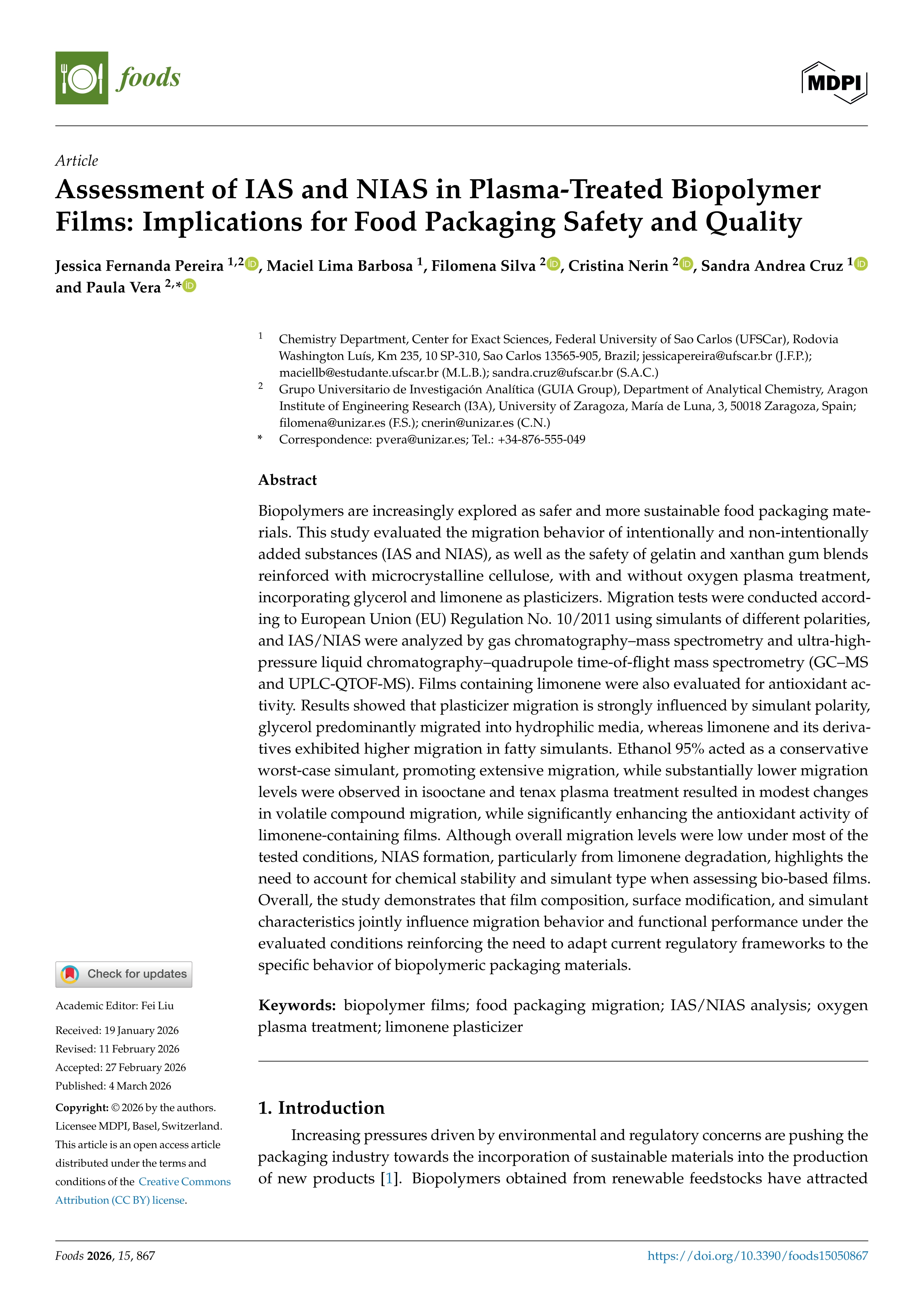 Assessment of IAS and NIAS in Plasma-Treated Biopolymer Films: Implications for Food Packaging Safety and Quality