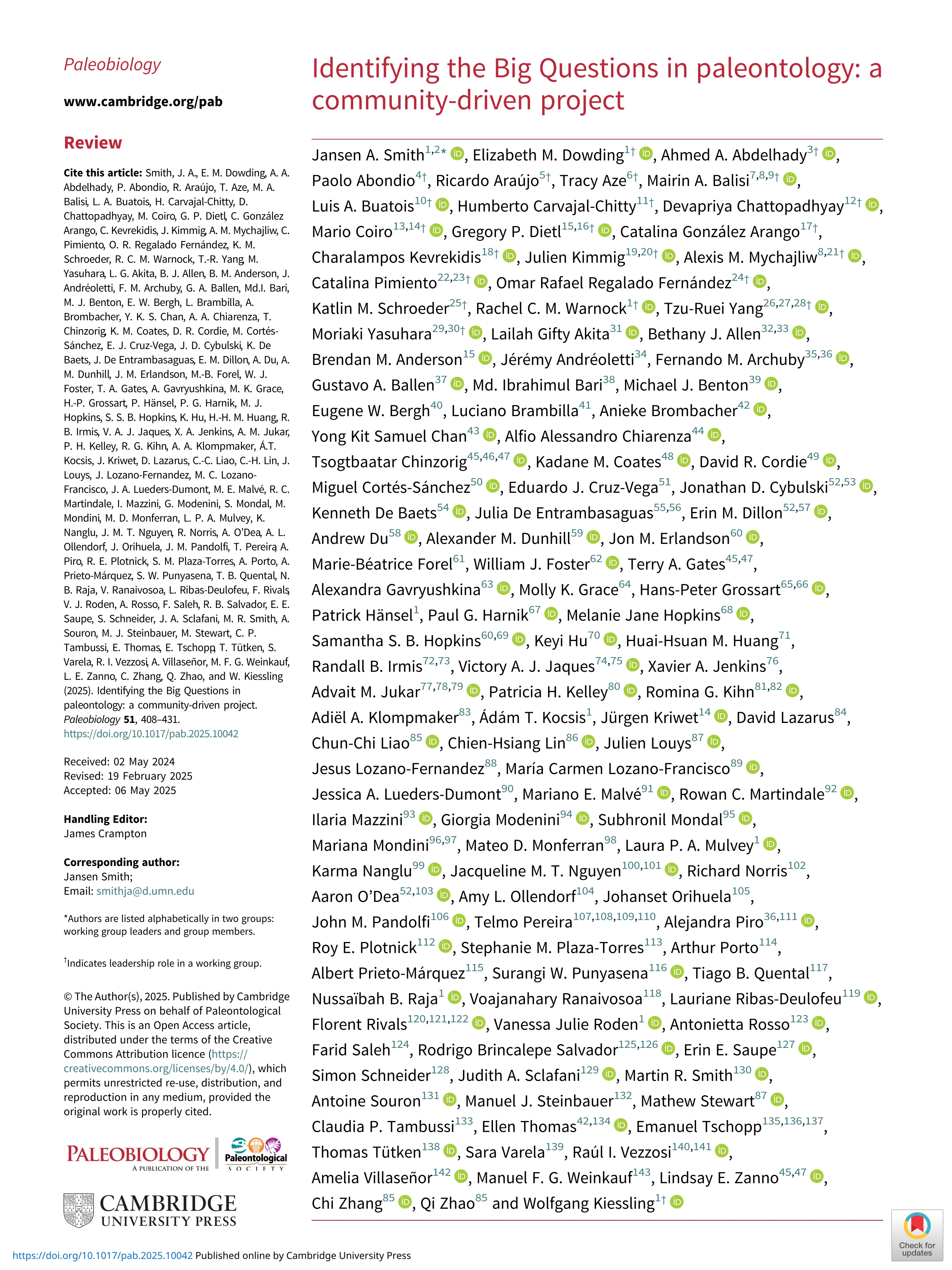Identifying the Big Questions in paleontology: a community-driven project