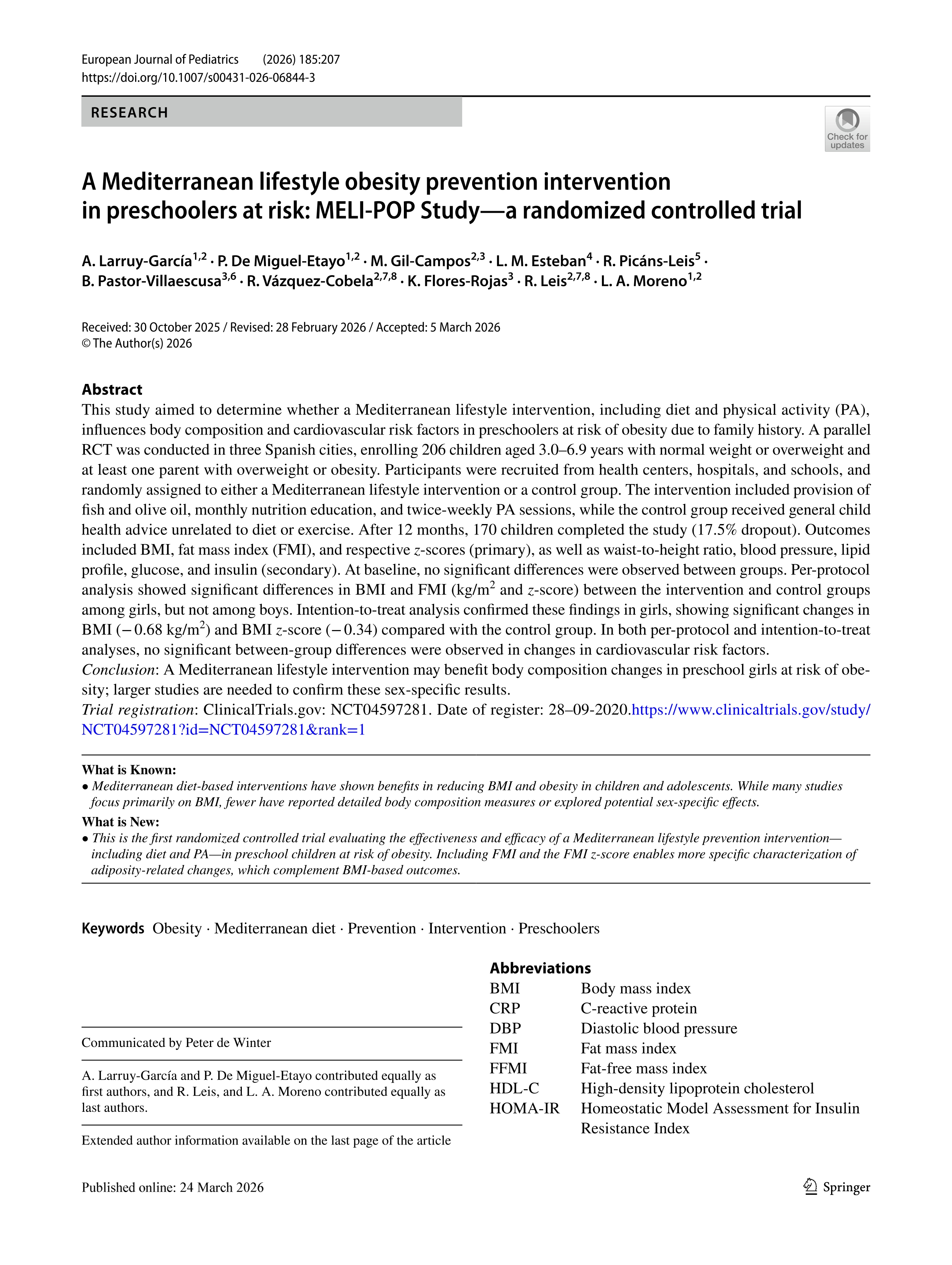 A Mediterranean lifestyle obesity prevention intervention in preschoolers at risk: MELI-POP Study—a randomized controlled trial
