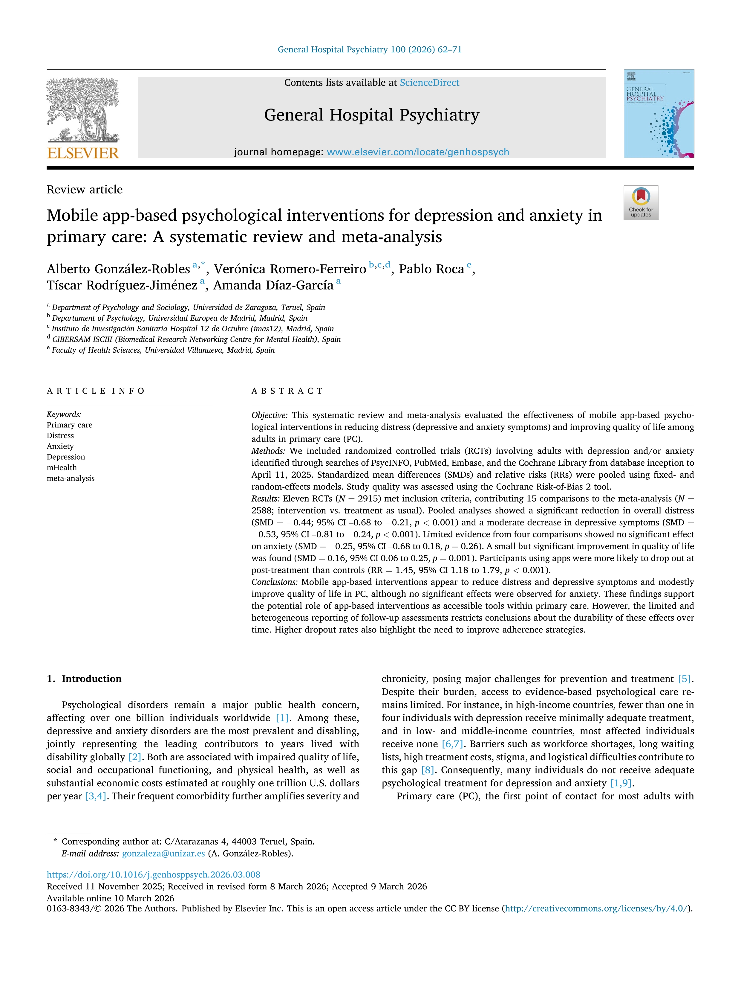 Mobile app-based psychological interventions for depression and anxiety in primary care: A systematic review and meta-analysis