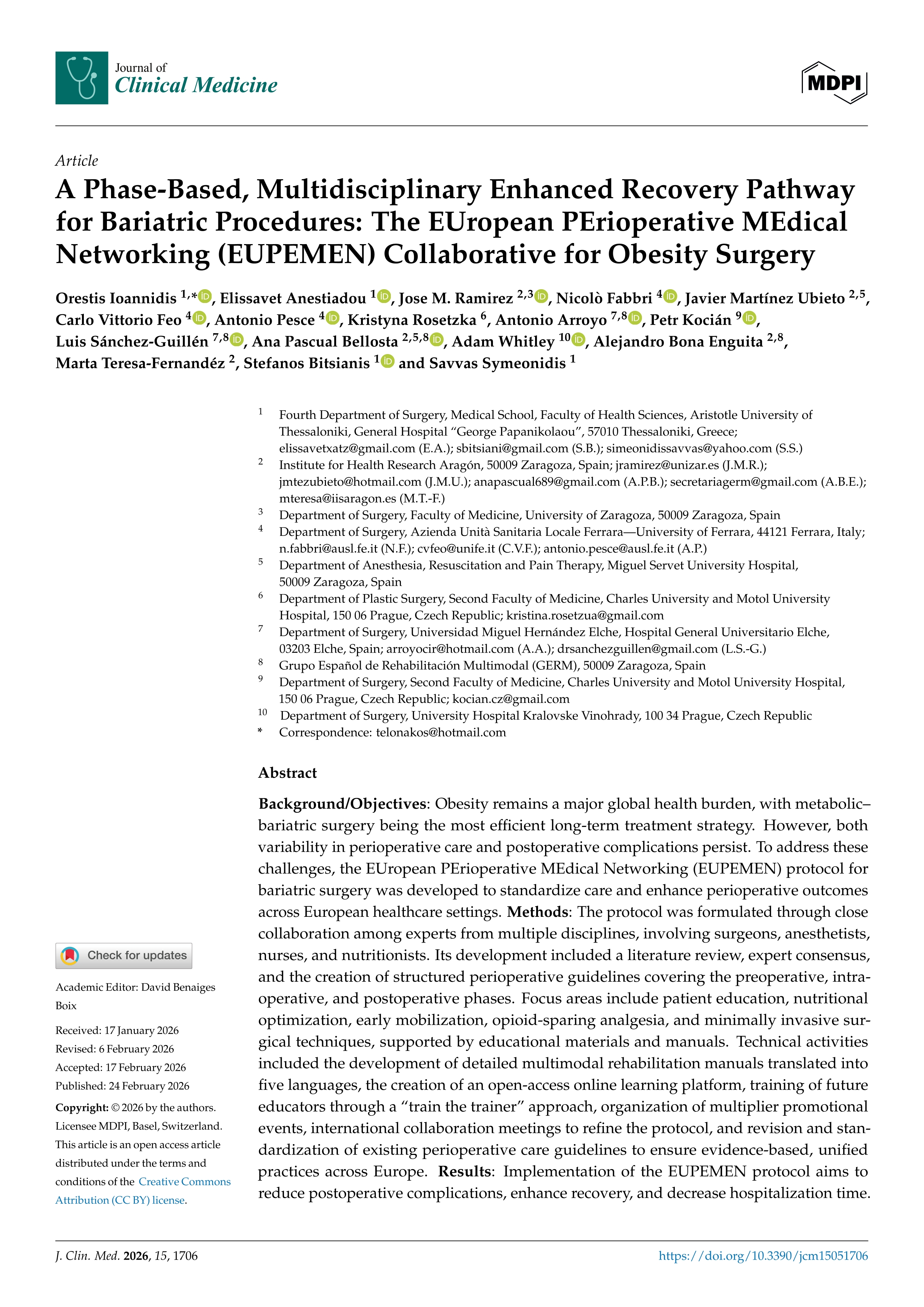 A Phase-Based, Multidisciplinary Enhanced Recovery Pathway for Bariatric Procedures: The EUropean PErioperative MEdical Networking (EUPEMEN) Collaborative for Obesity Surgery