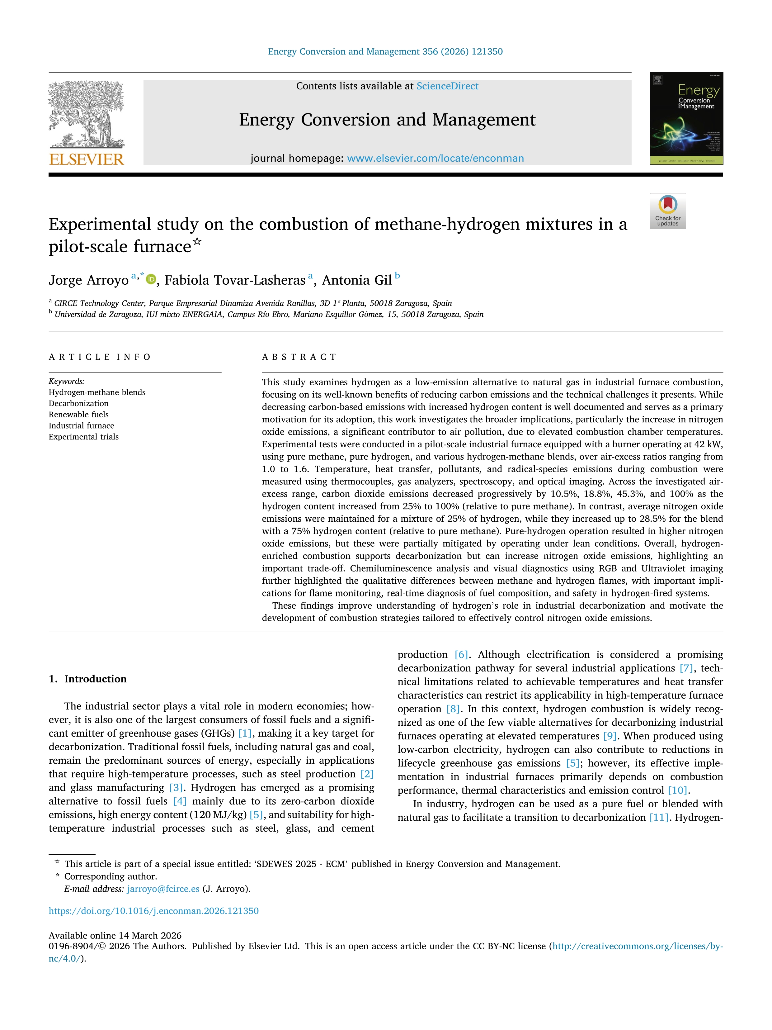 Experimental study on the combustion of methane-hydrogen mixtures in a pilot-scale furnace
