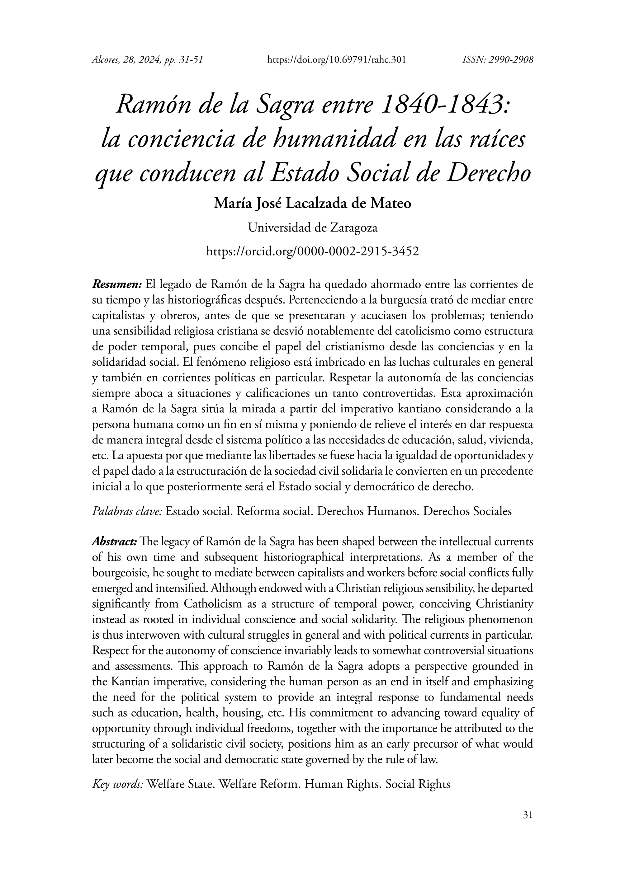 Ramón de la Sagra entre 1840-1843: la conciencia de humanidad en las raíces que conducen al Estado Social de Derecho