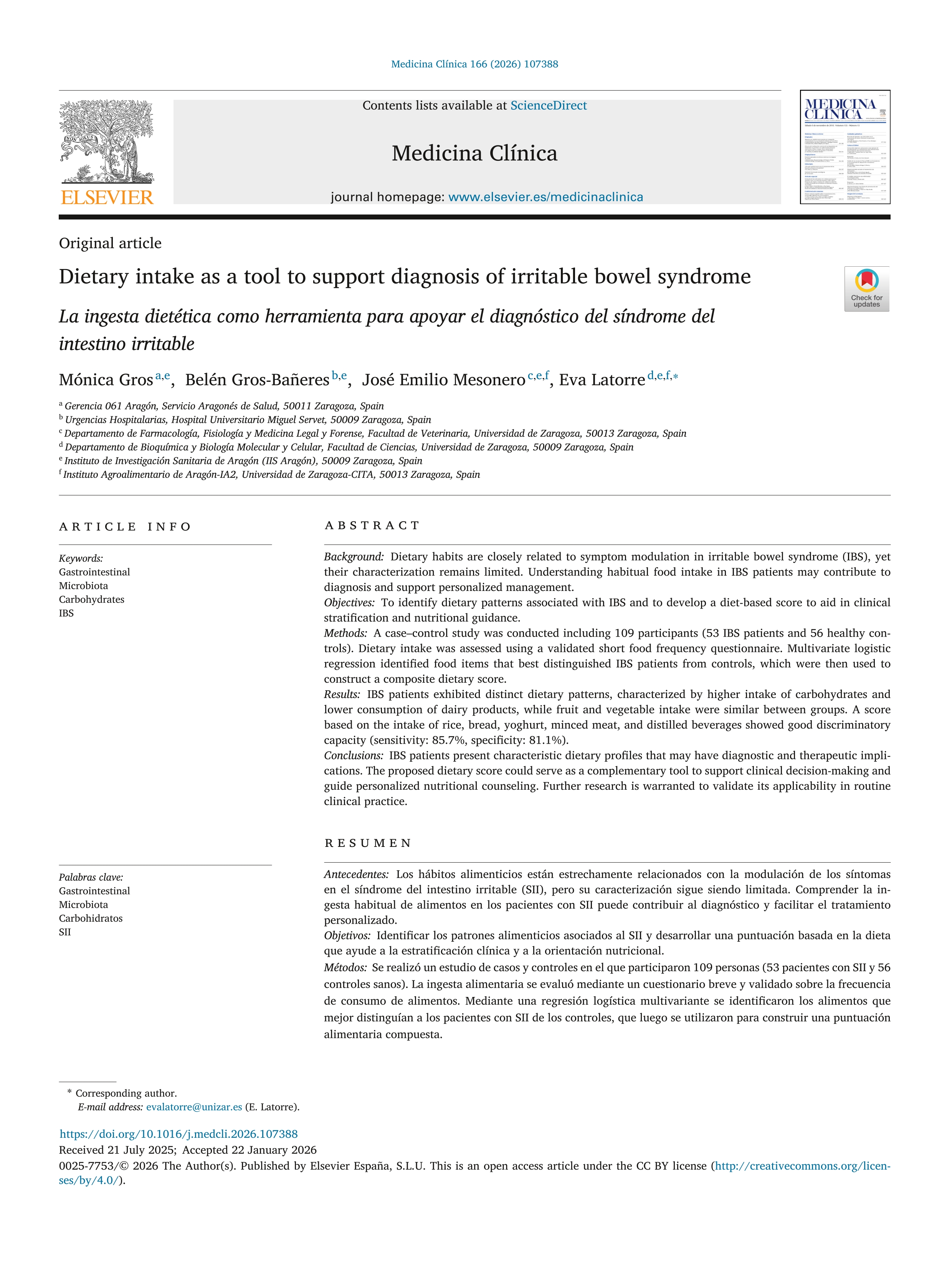 Dietary intake as a tool to support diagnosis of irritable bowel syndrome