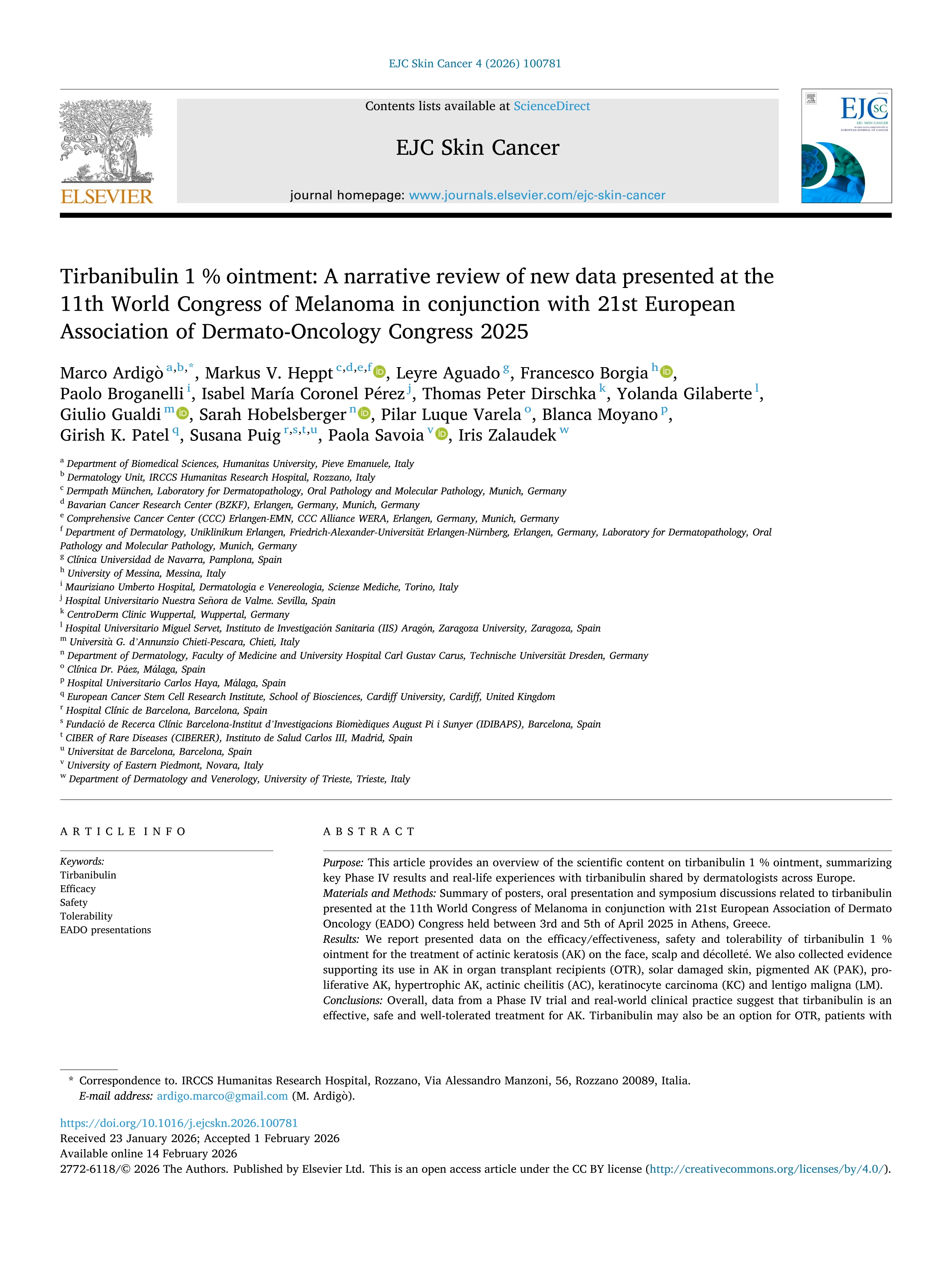 Tirbanibulin 1 % ointment: A narrative review of new data presented at the 11th World Congress of Melanoma in conjunction with 21st European Association of Dermato-Oncology Congress 202