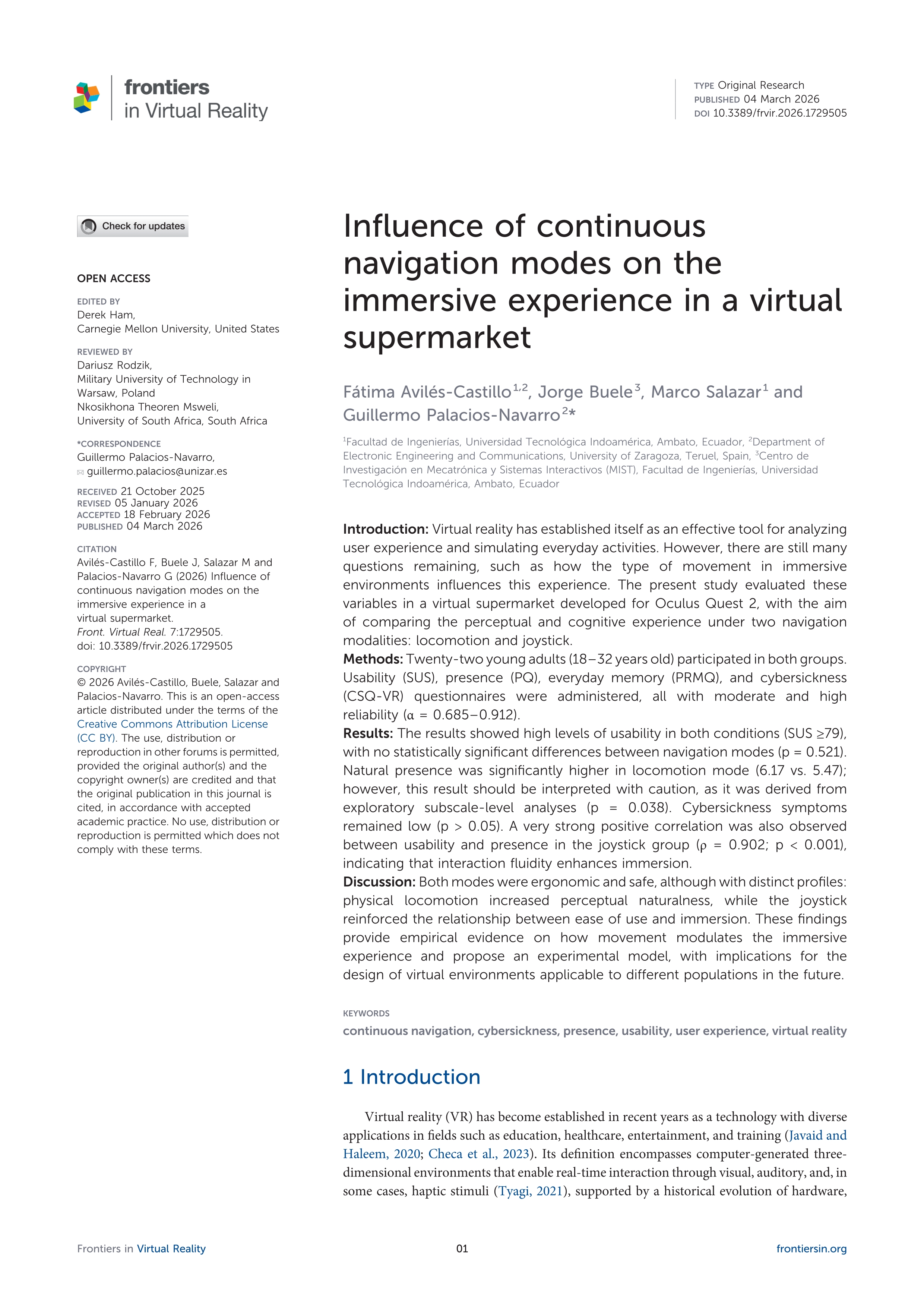 Influence of continuous navigation modes on the immersive experience in a virtual supermarket