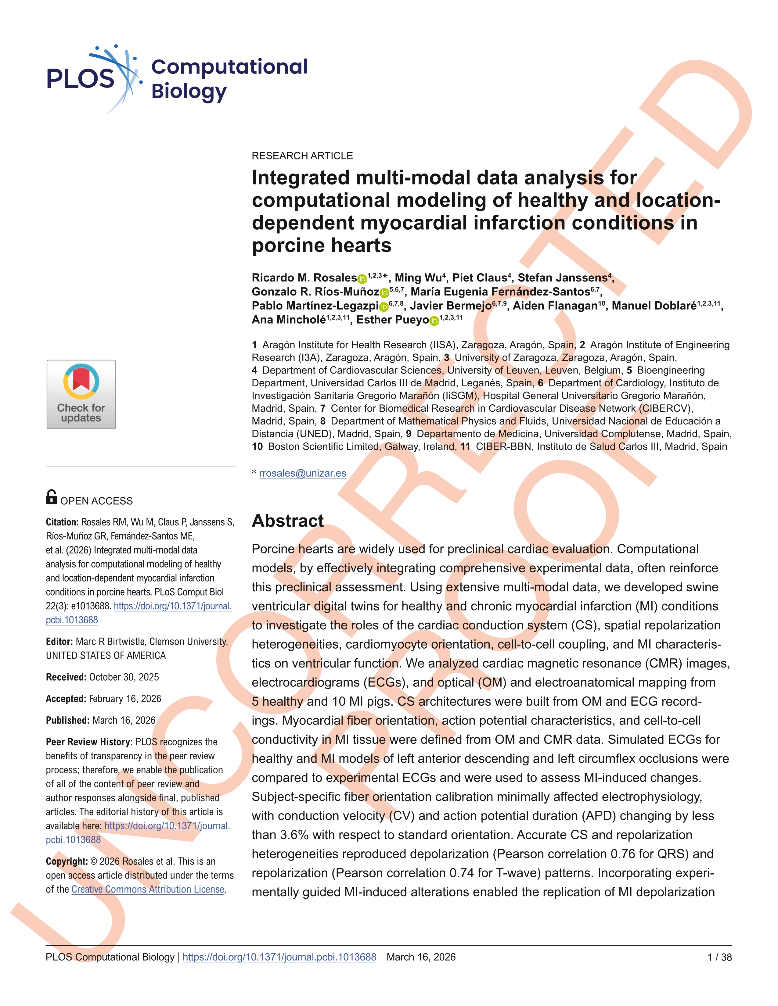Integrated multi-modal data analysis for computational modeling of healthy and location-dependent myocardial infarction conditions in porcine hearts