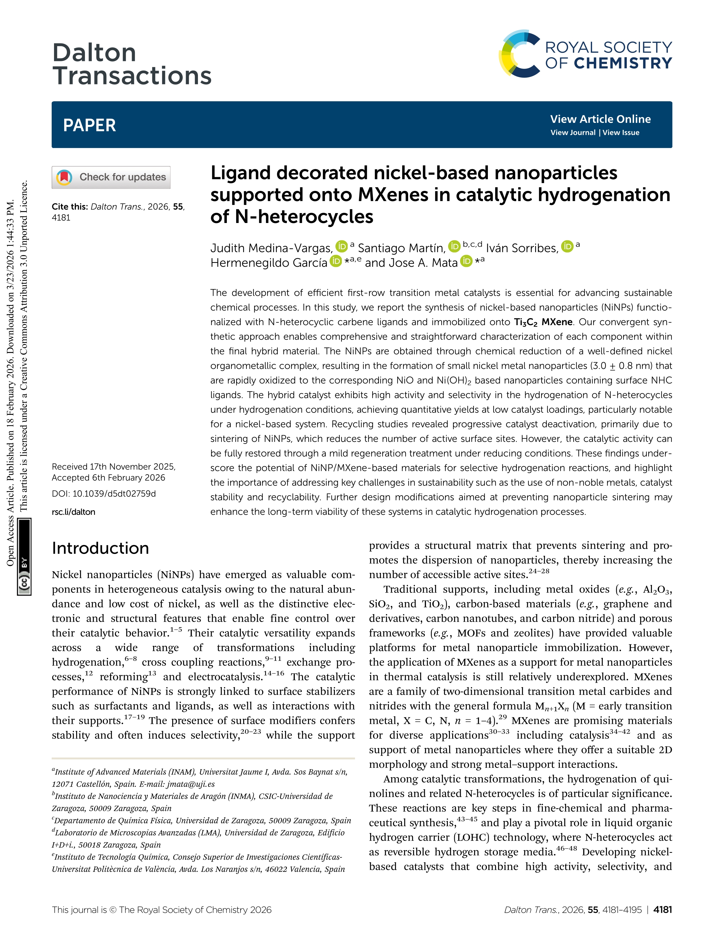 Ligand decorated nickel-based nanoparticles supported onto MXenes in catalytic hydrogenation of N-heterocycles