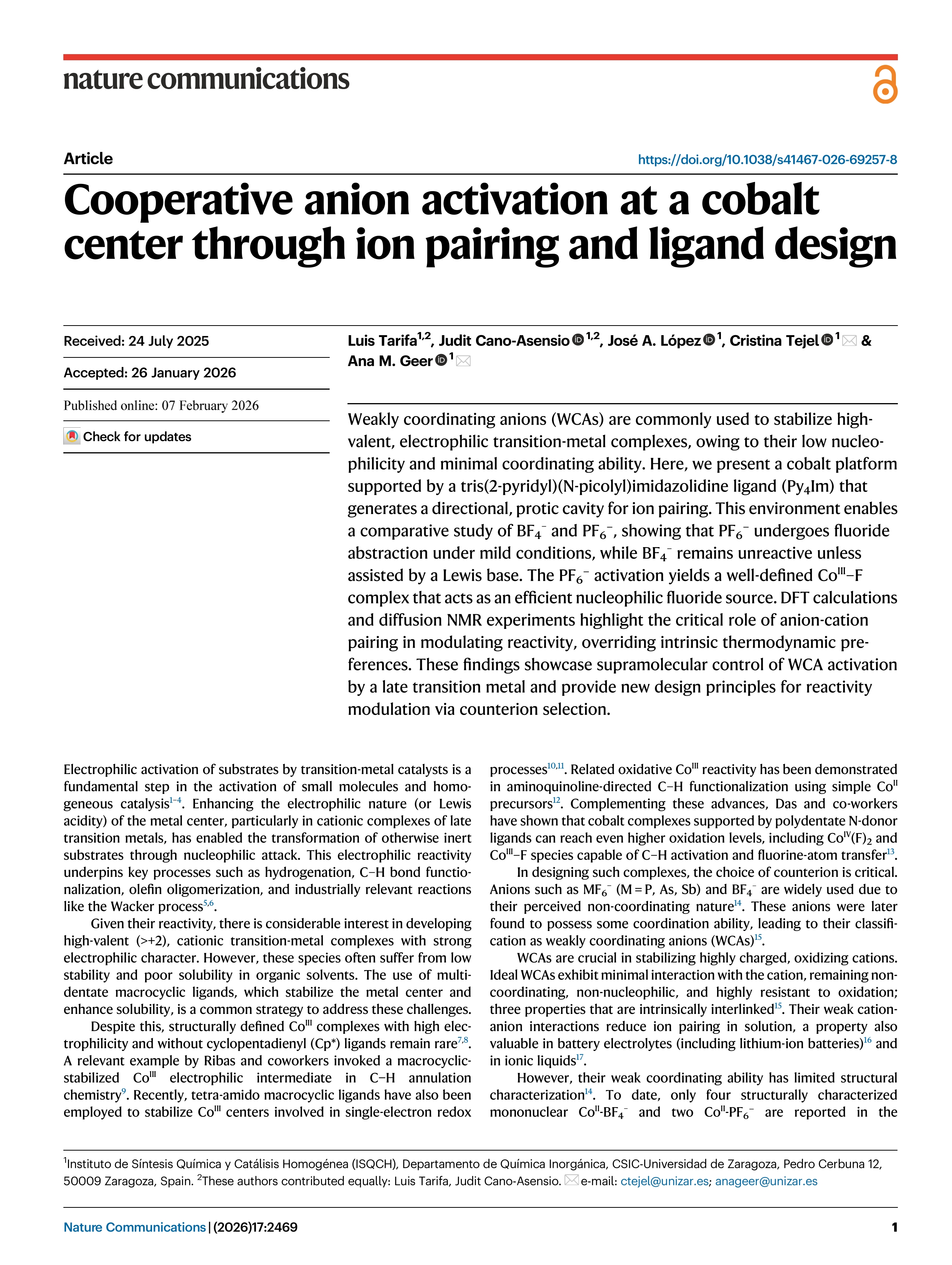 Cooperative anion activation at a cobalt center through ion pairing and ligand design