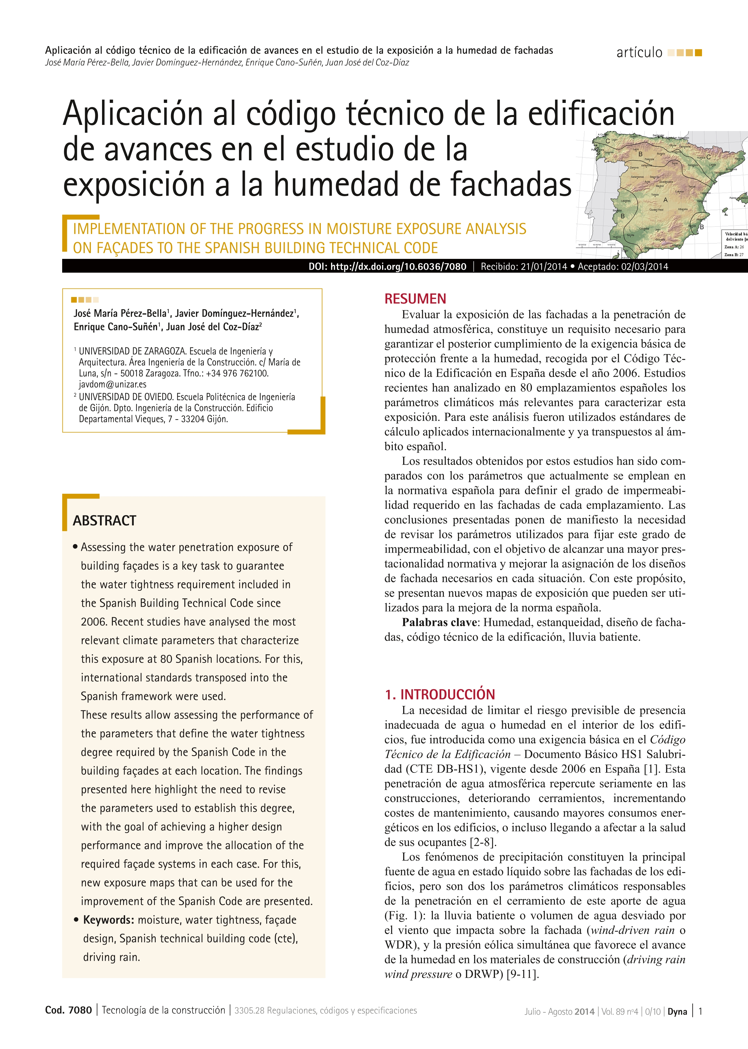 Aplicación al código técnico de la edificación de avances en el estudio de la exposición a la humedad de fachadas