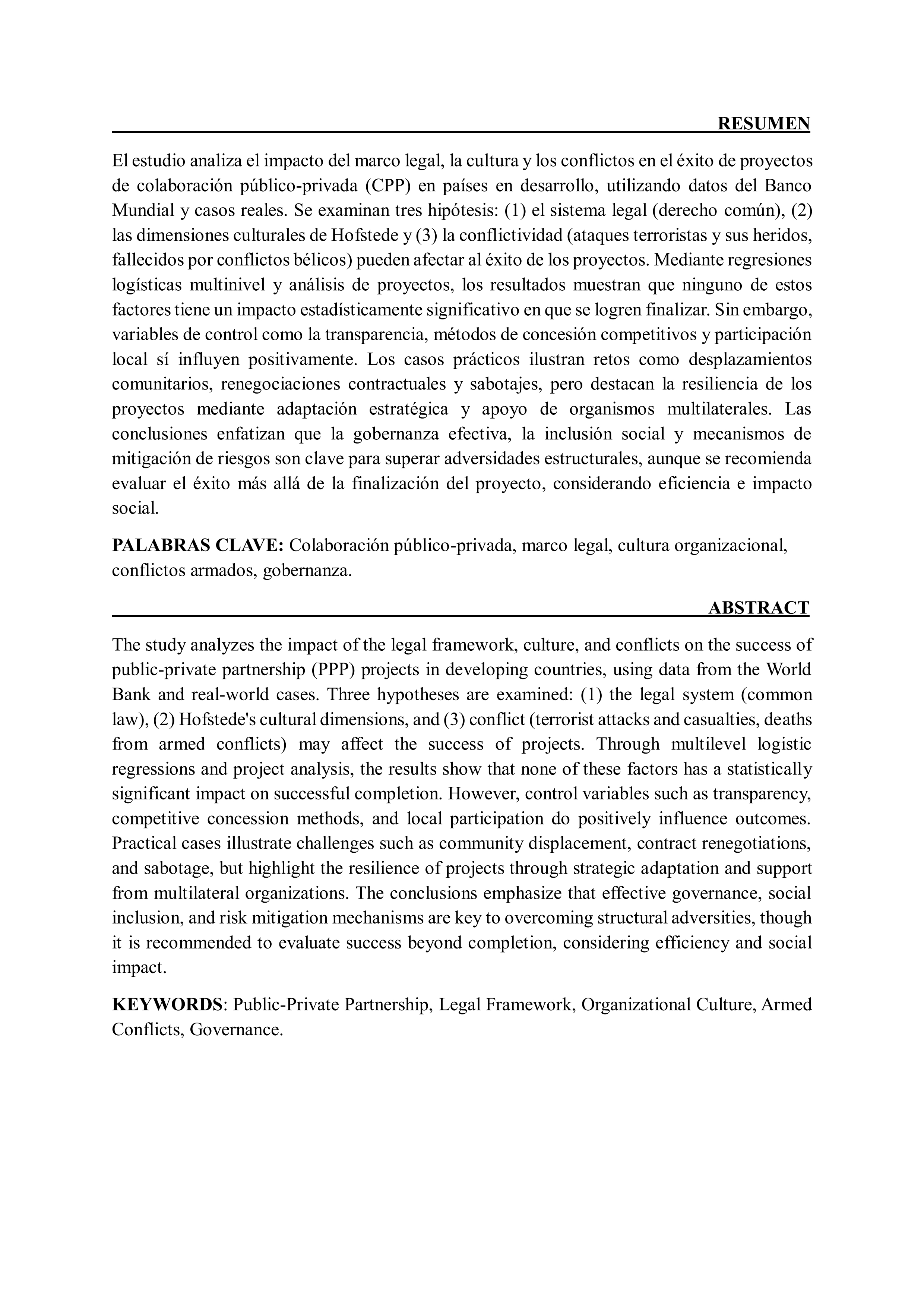 Impacto del origen del marco legal, cultura y conflictos en el éxito de grandes obras de colaboración público-privada: análisis de experiencias en países en desarrollo