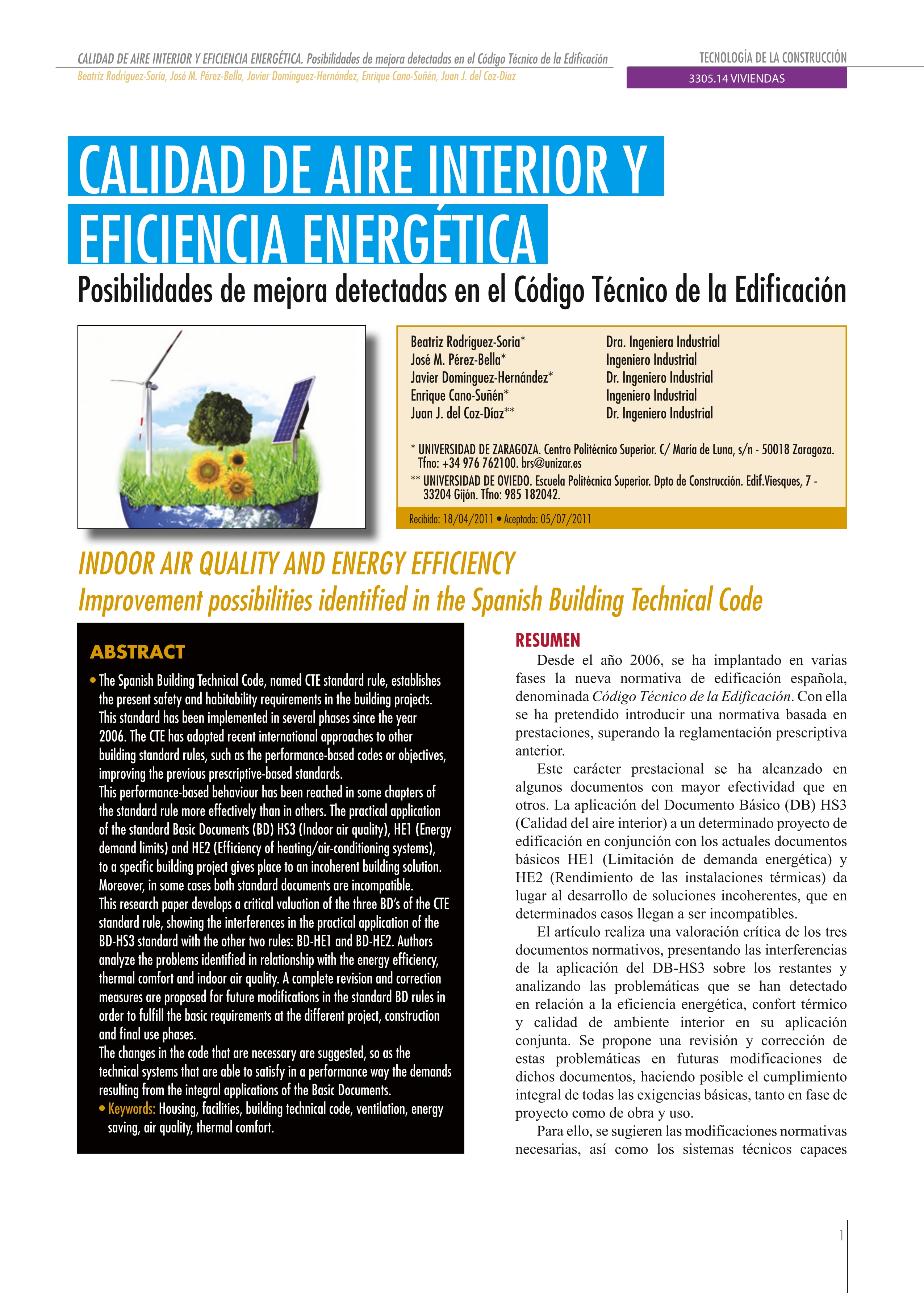 Indoor air quality and energy efficiency improvement possibilities identifi ed in the Spanish Building Technical Code