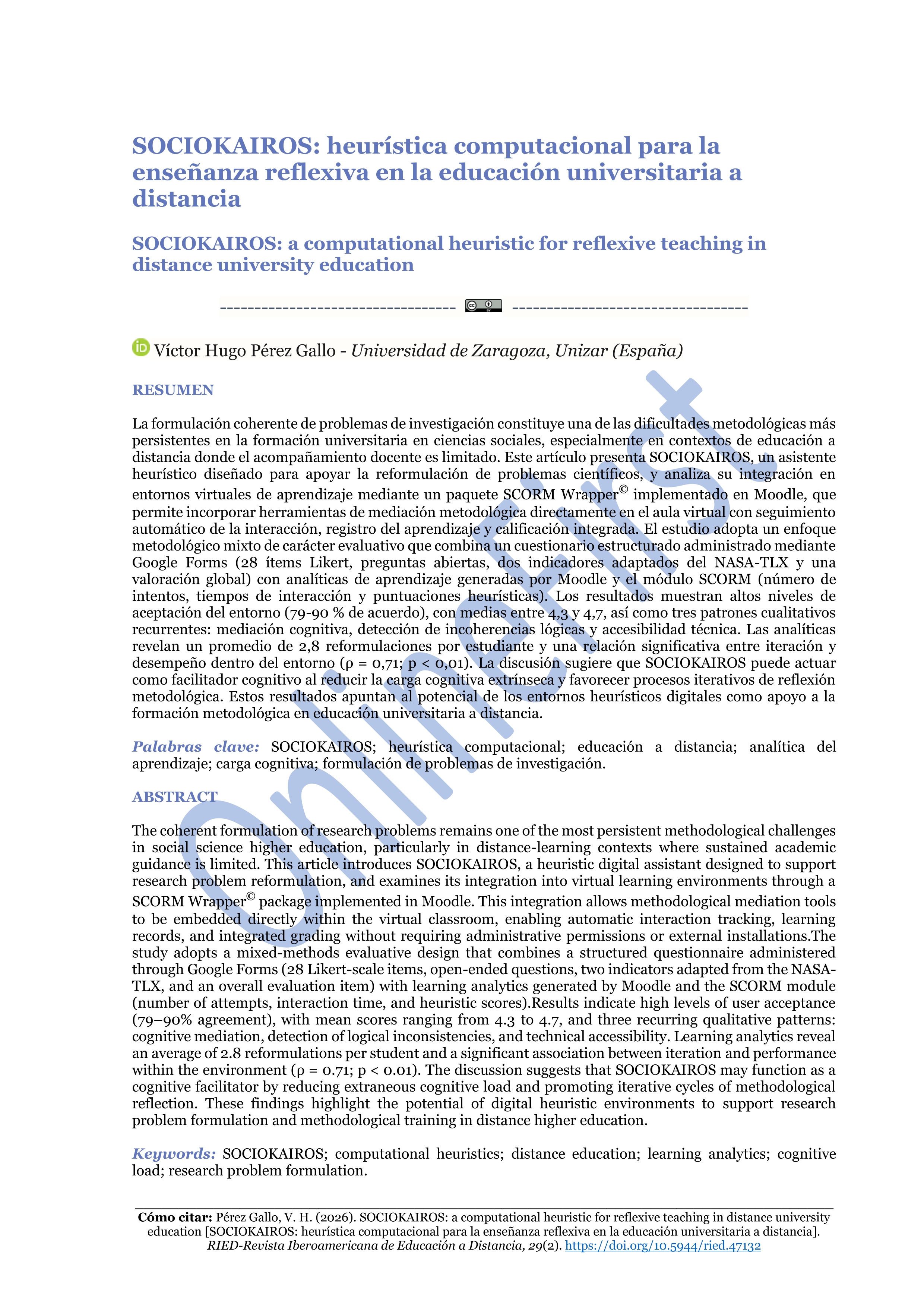 Sociokairos: heurística computacional para la enseñanza reflexiva en la educación universitaria a distancia