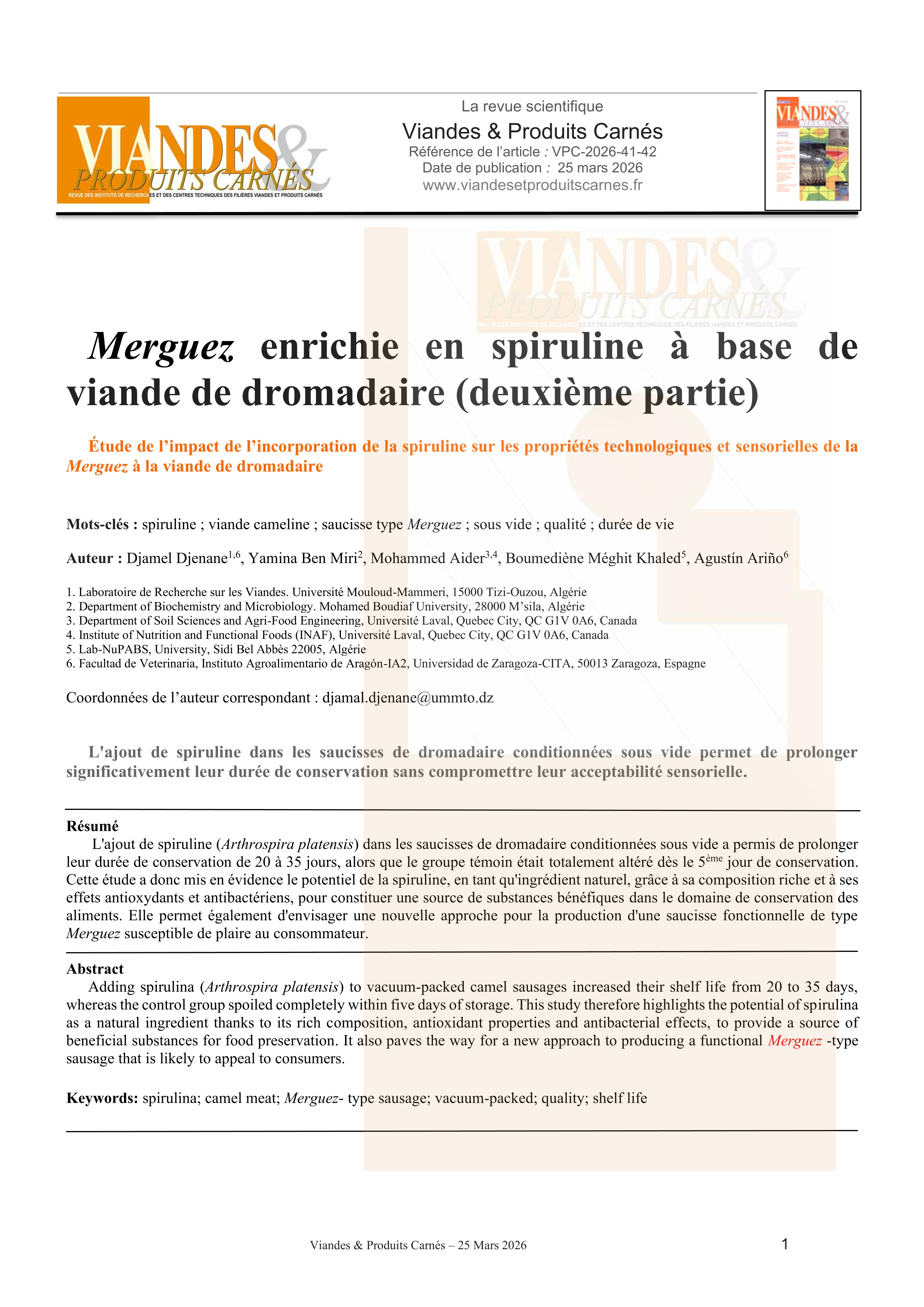 Merguez enrichie en spiruline à base de viande de dromadaire (deuxième partie)