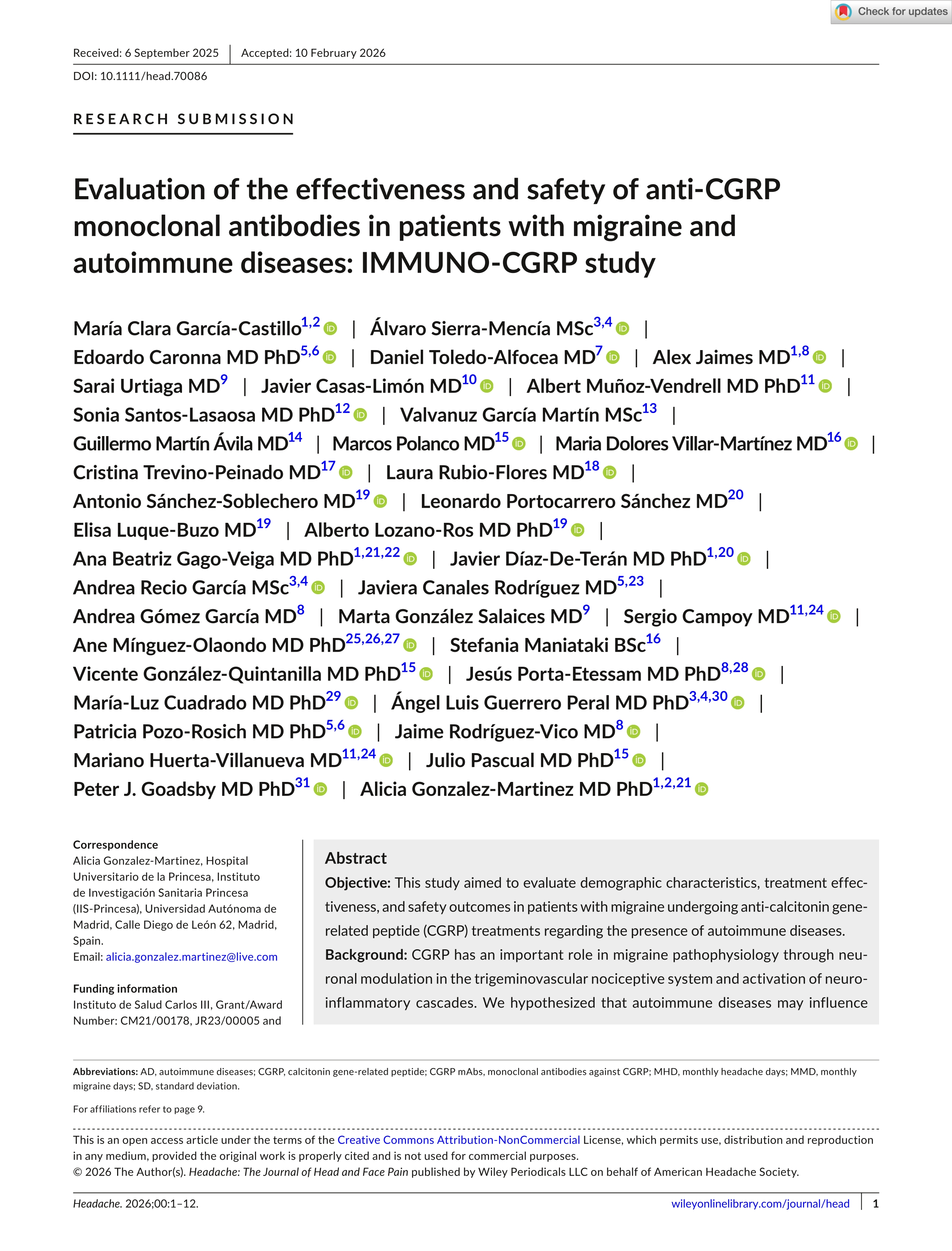 Evaluation of the effectiveness and safety of anti-CGRPmonoclonal antibodies in patients with migraine andautoimmune diseases: IMMUNO-CGRP study