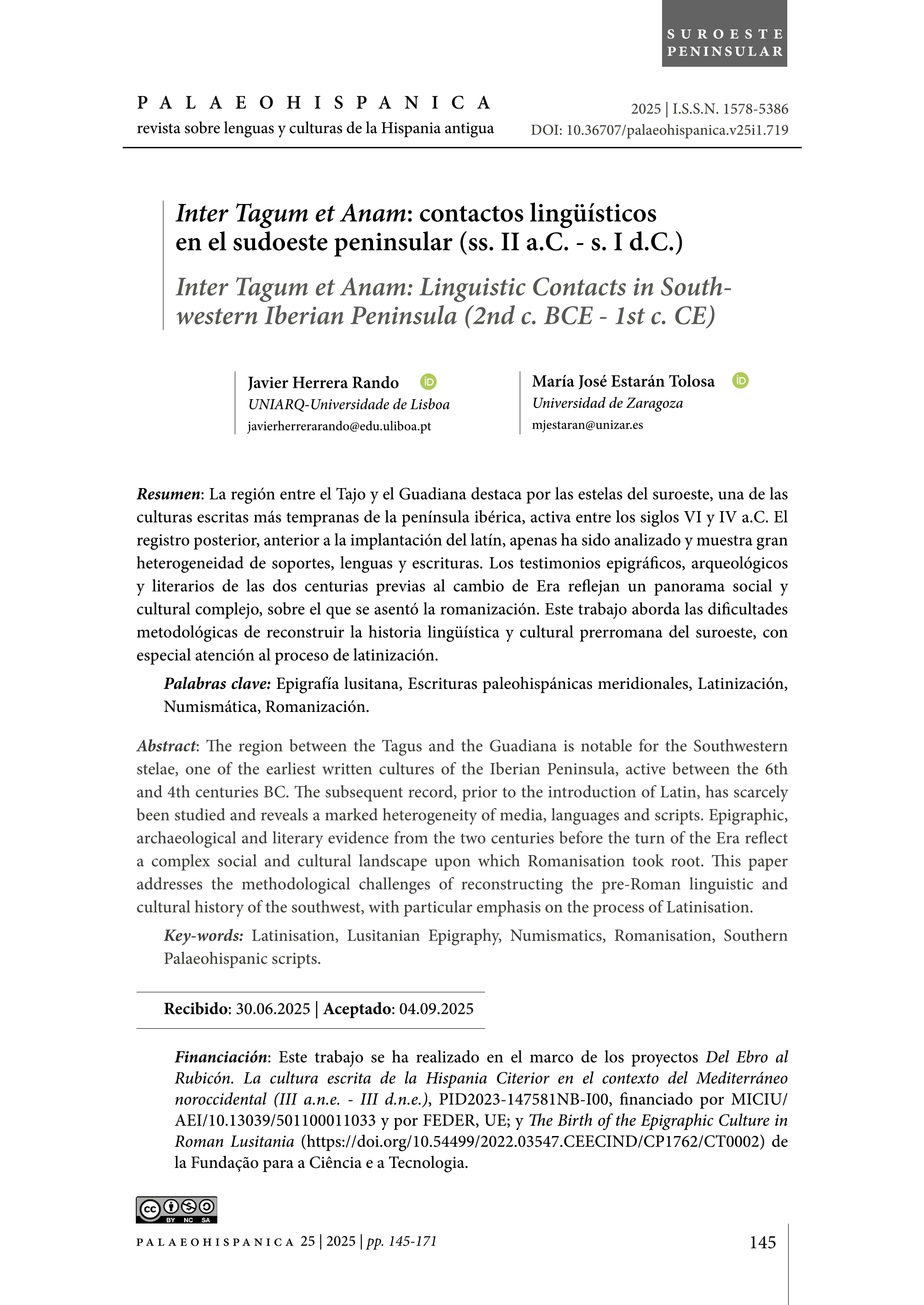Inter Tagum et Anam:  contactos lingüísticos en el sudoeste peninsular (ss. II a.C. - s. I d.C.)