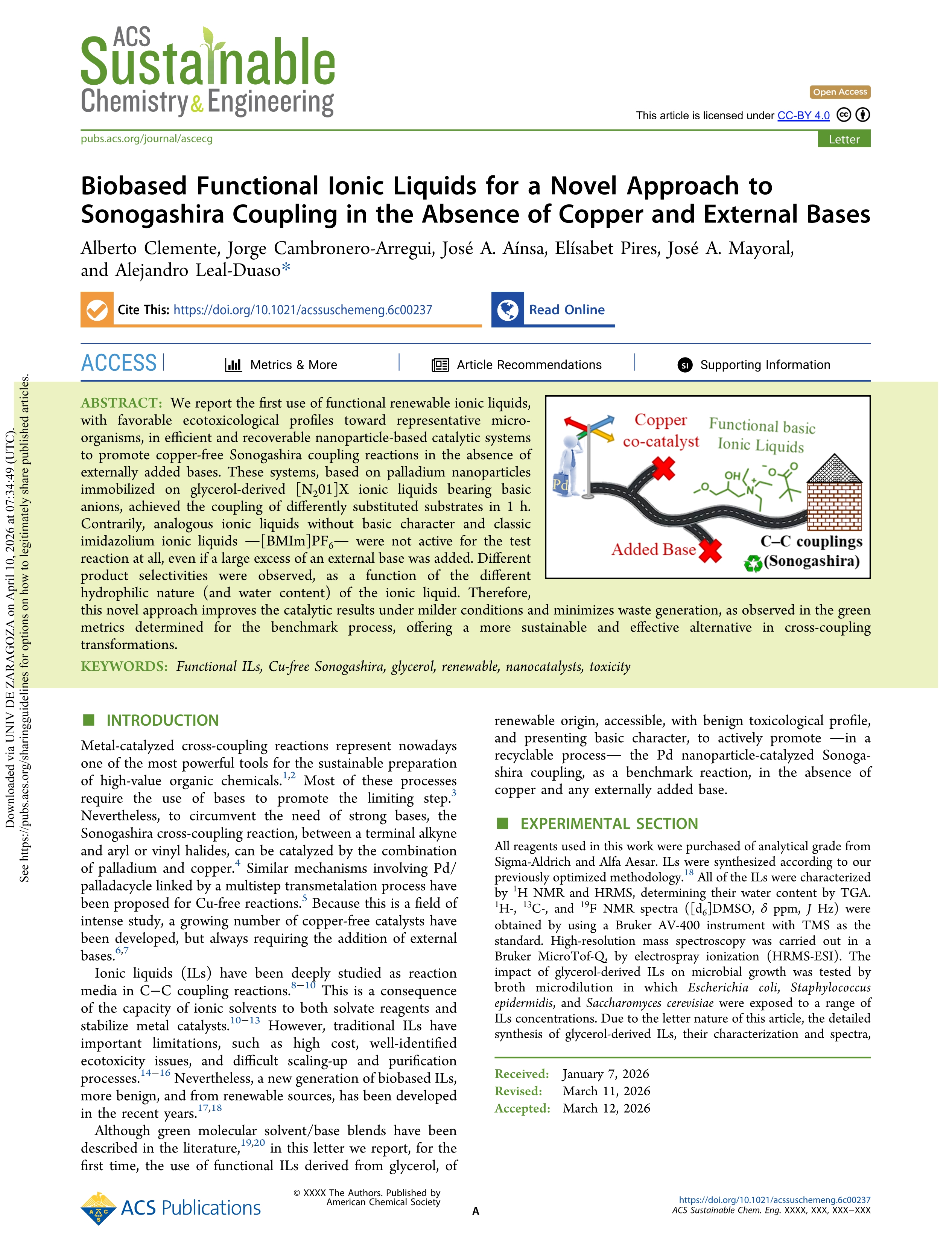 Biobased Functional Ionic Liquids for a Novel Approach to Sonogashira Coupling in the Absence of Copper and External Bases
