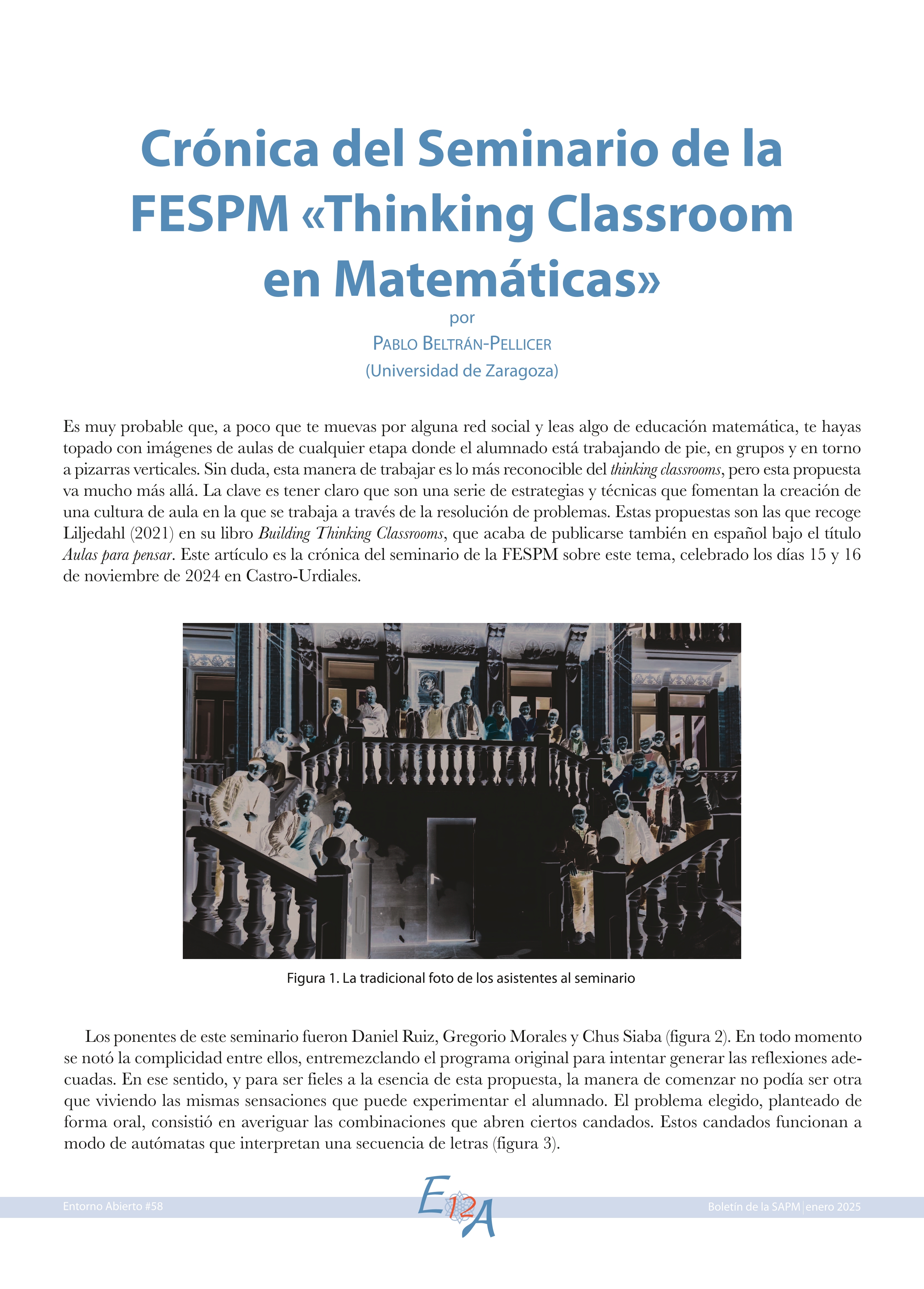 Crónica del Seminario de la FESPM «Thinking Classroom en Matemáticas»