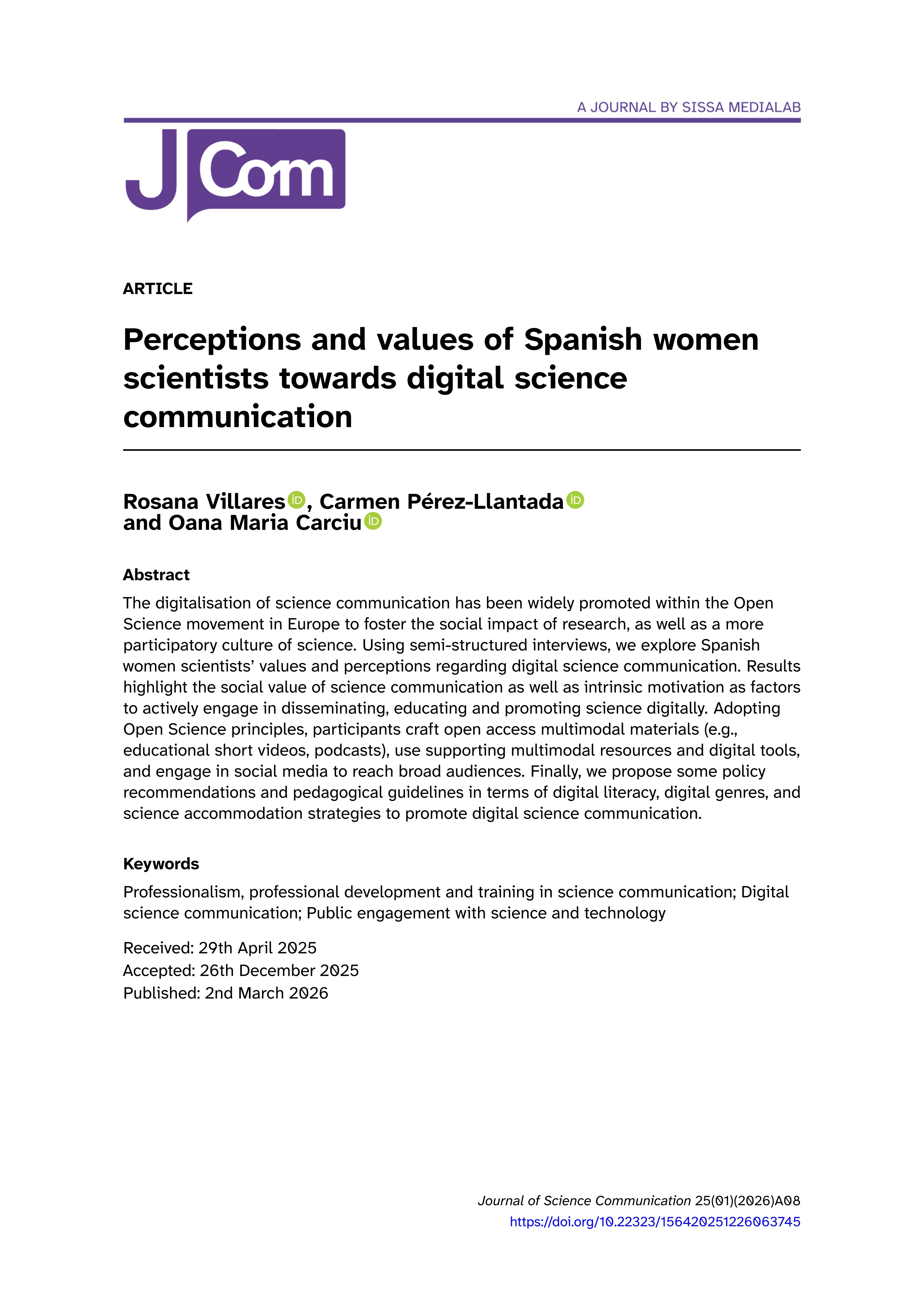 Perceptions and values of Spanish women scientists towards digital science communication