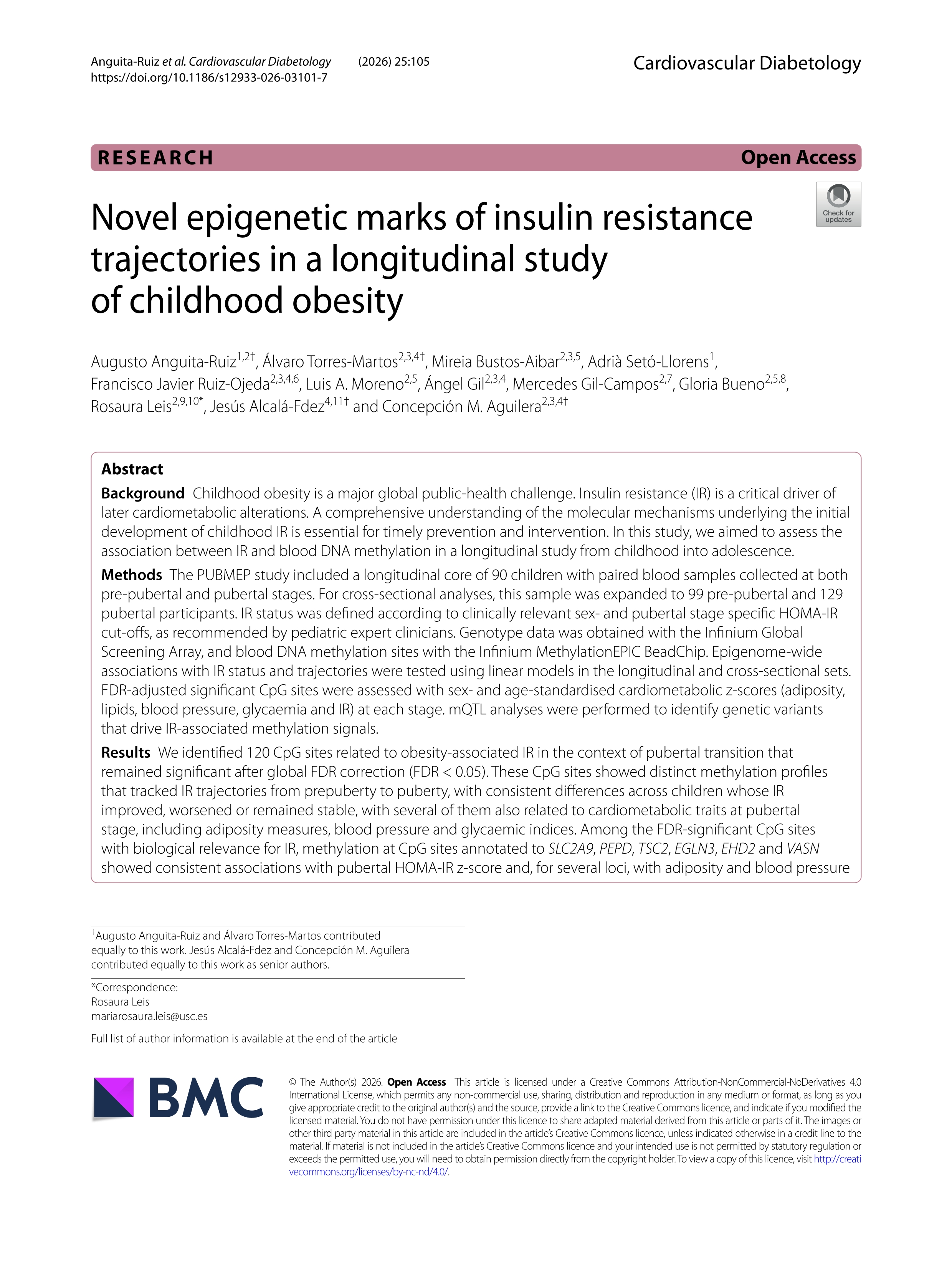 Novel epigenetic marks of insulin resistance trajectories in a longitudinal study of childhood obesity