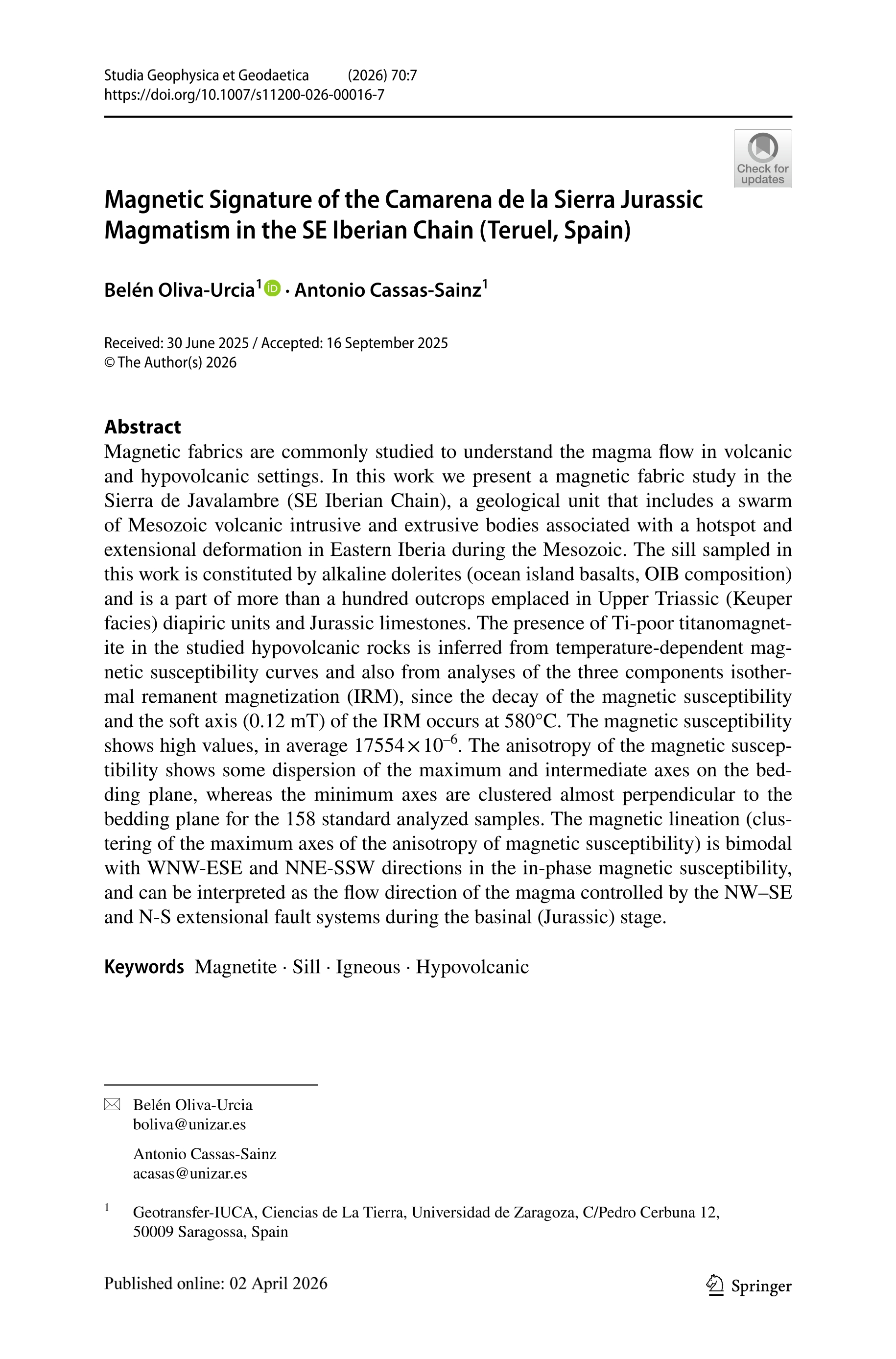 Magnetic signature of the Camarena de la Sierra Jurassic magmatism in the SE Iberian chain (Teruel, Spain)