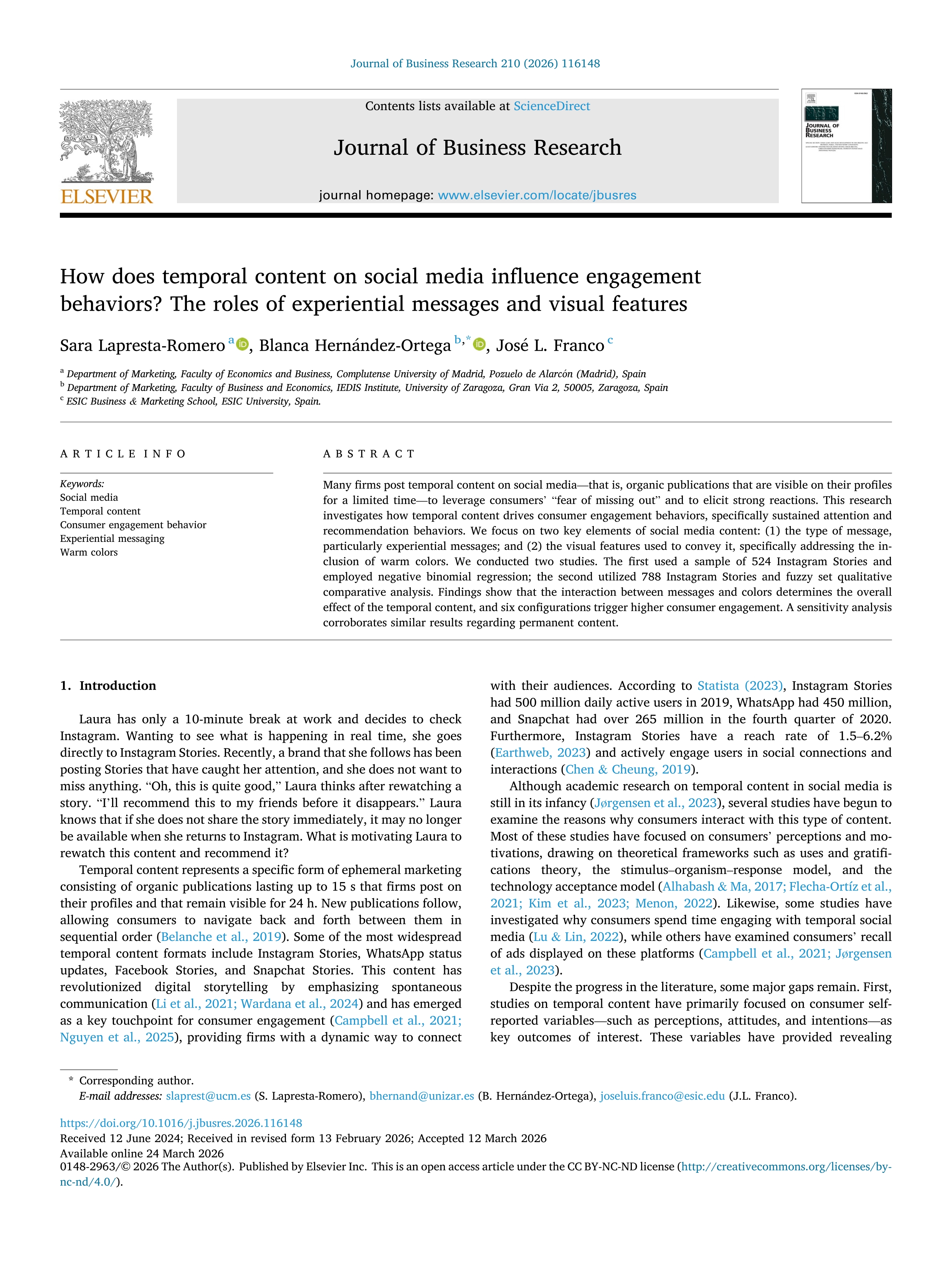How does temporal content on social media influence engagement behaviors? The roles of experiential messages and visual features