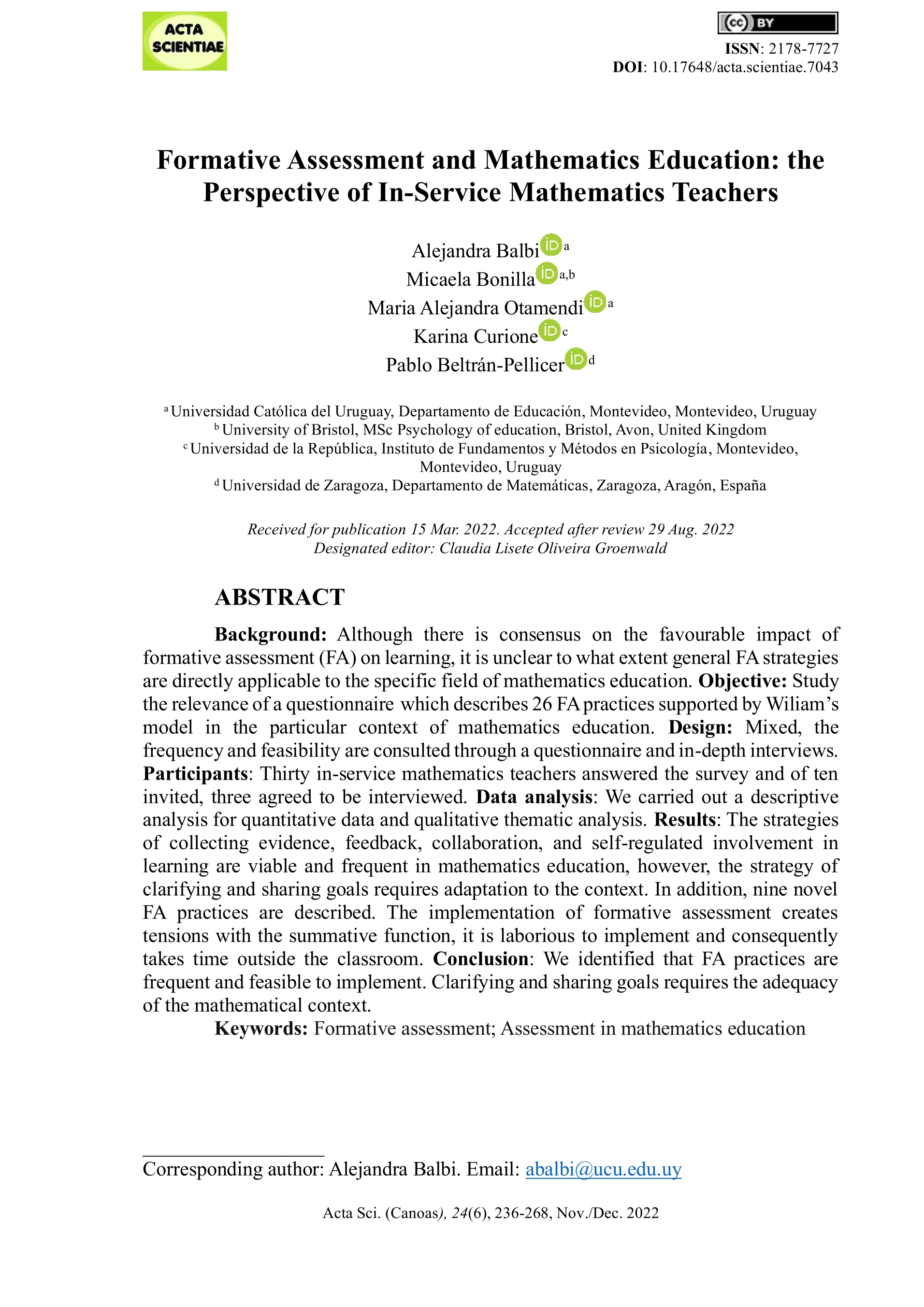 Formative Assessment and Mathematics Education: the Perspective of In-Service Mathematics Teachers