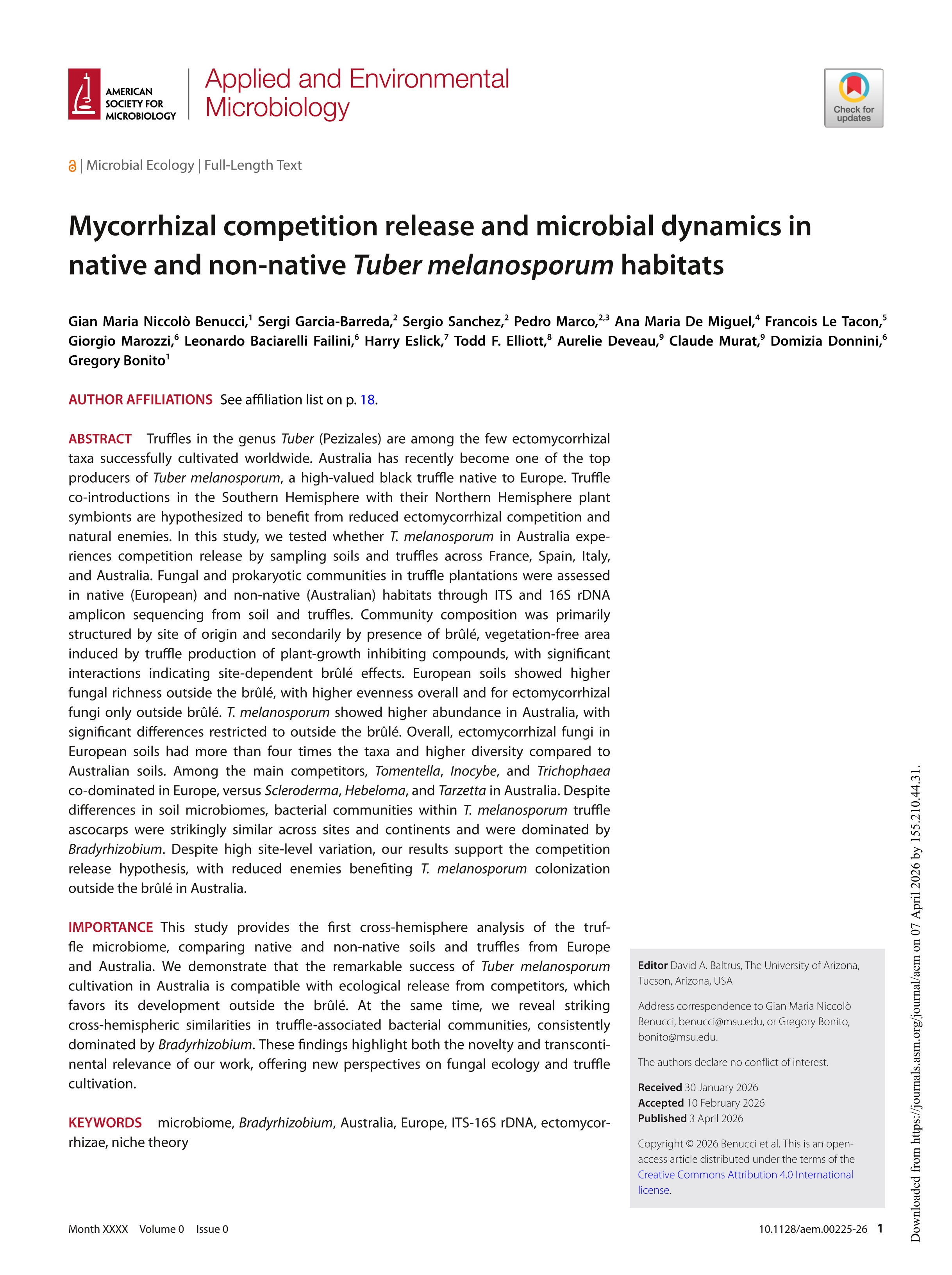 Mycorrhizal competition release and microbial dynamics innative and non-native Tuber melanosporum habitats
