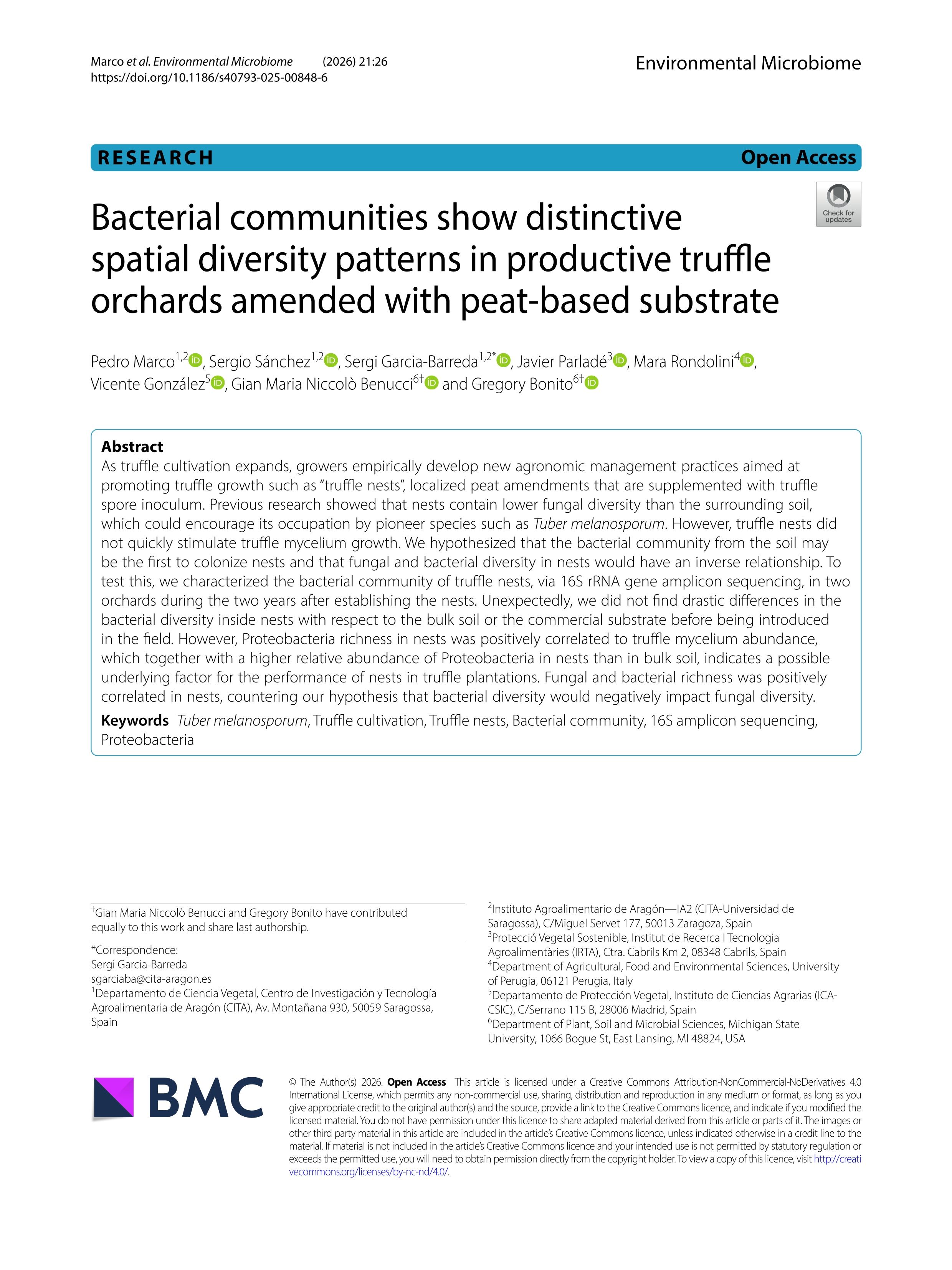 Bacterial communities show distinctive spatial diversity patterns in productive truffle orchards amended with peat-based substrate