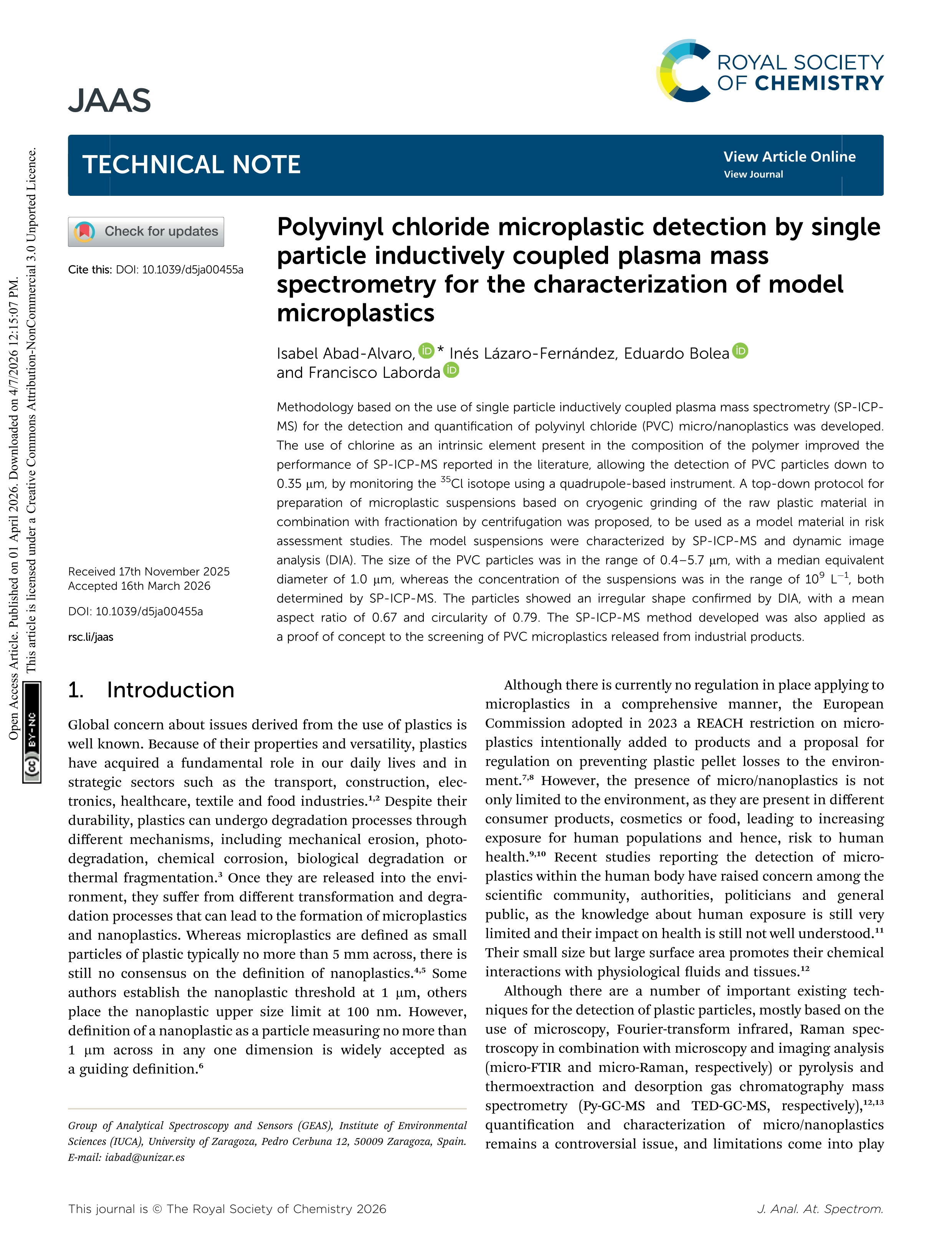 Polyvinyl chloride microplastic detection by single particle inductively coupled plasma mass spectrometry for the characterization of model microplastics