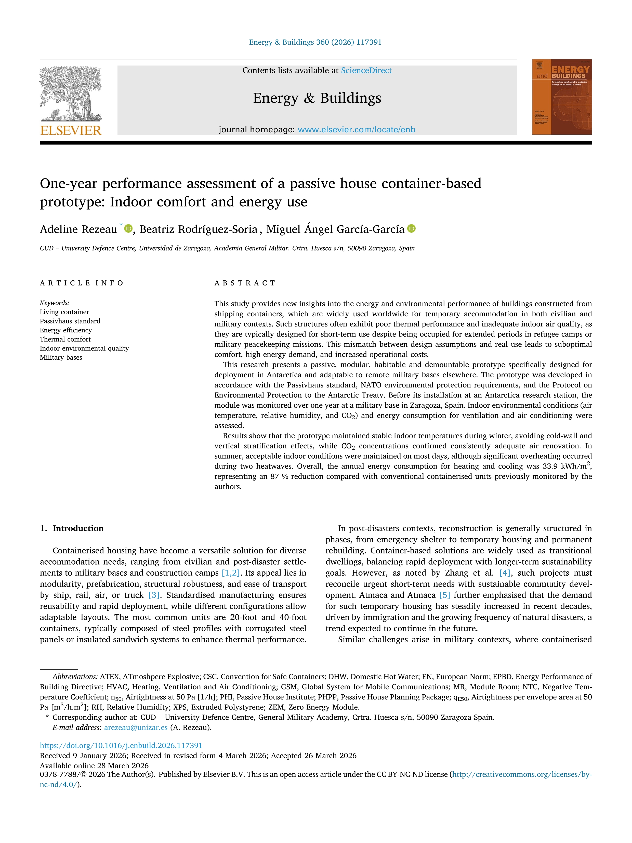 One-year performance assessment of a passive house container-based prototype: Indoor comfort and energy use