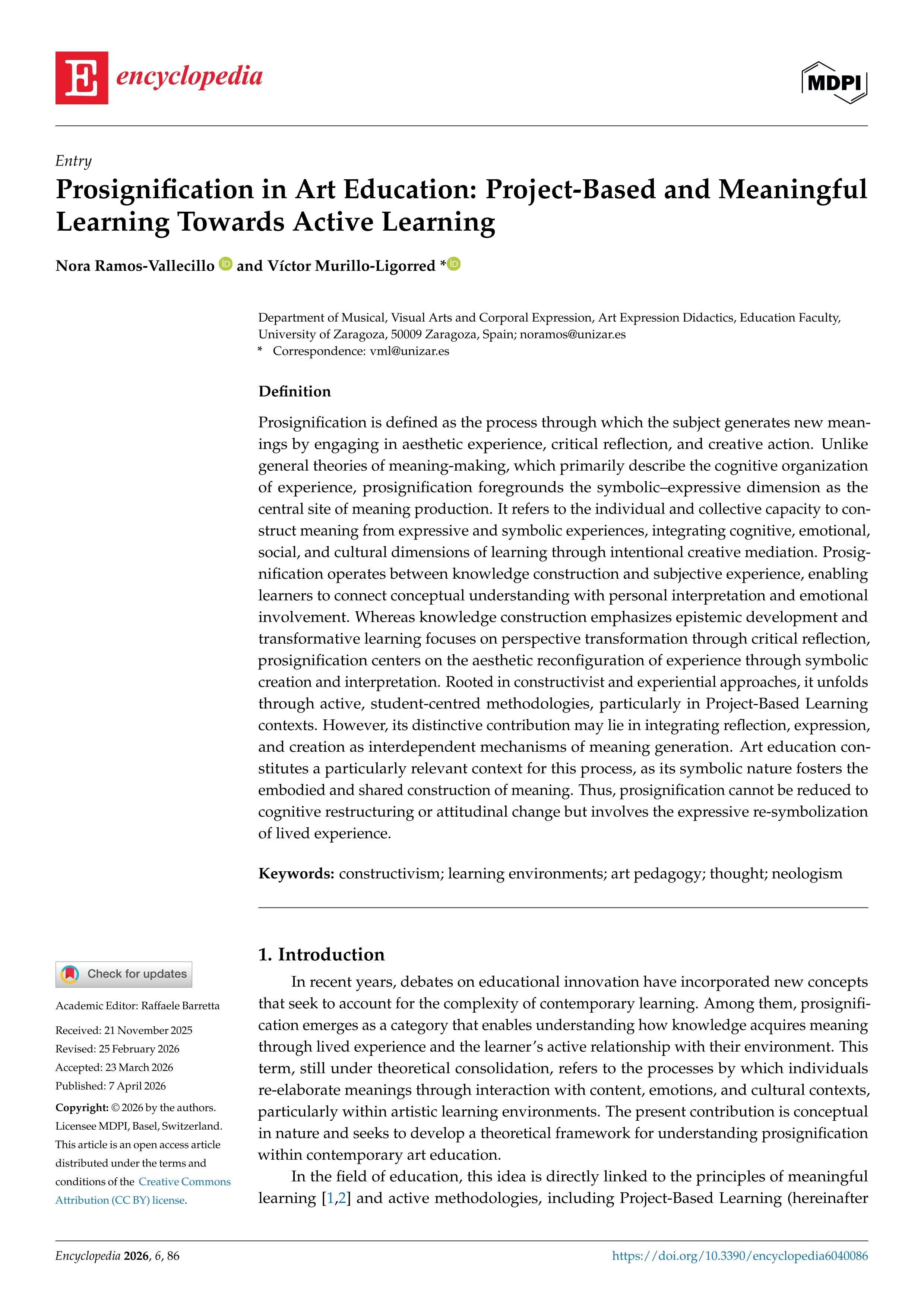 Prosignification in Art Education: Project-Based and Meaningful Learning Towards Active Learning