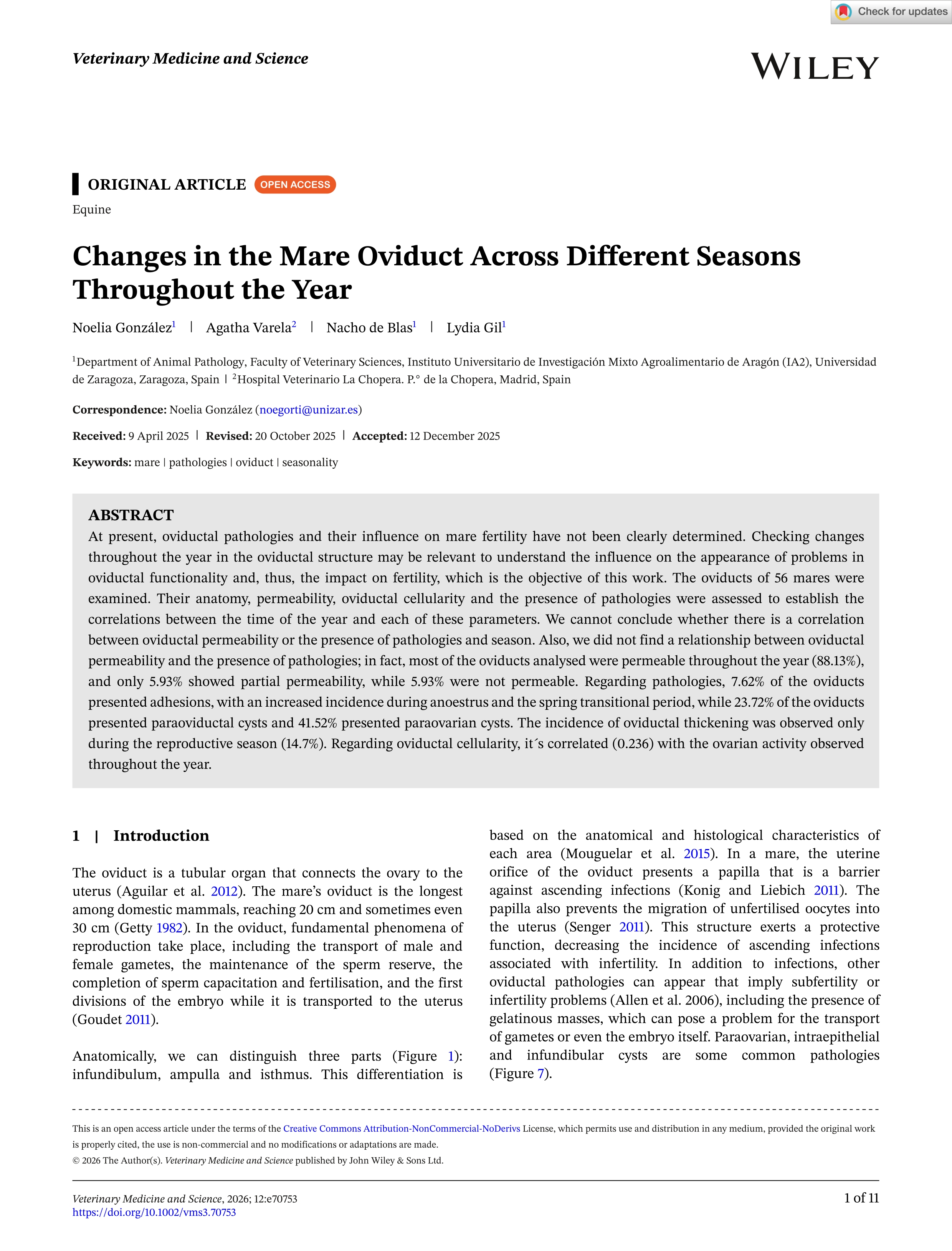 Changes in the Mare Oviduct Across Different Seasons Throughout the Year