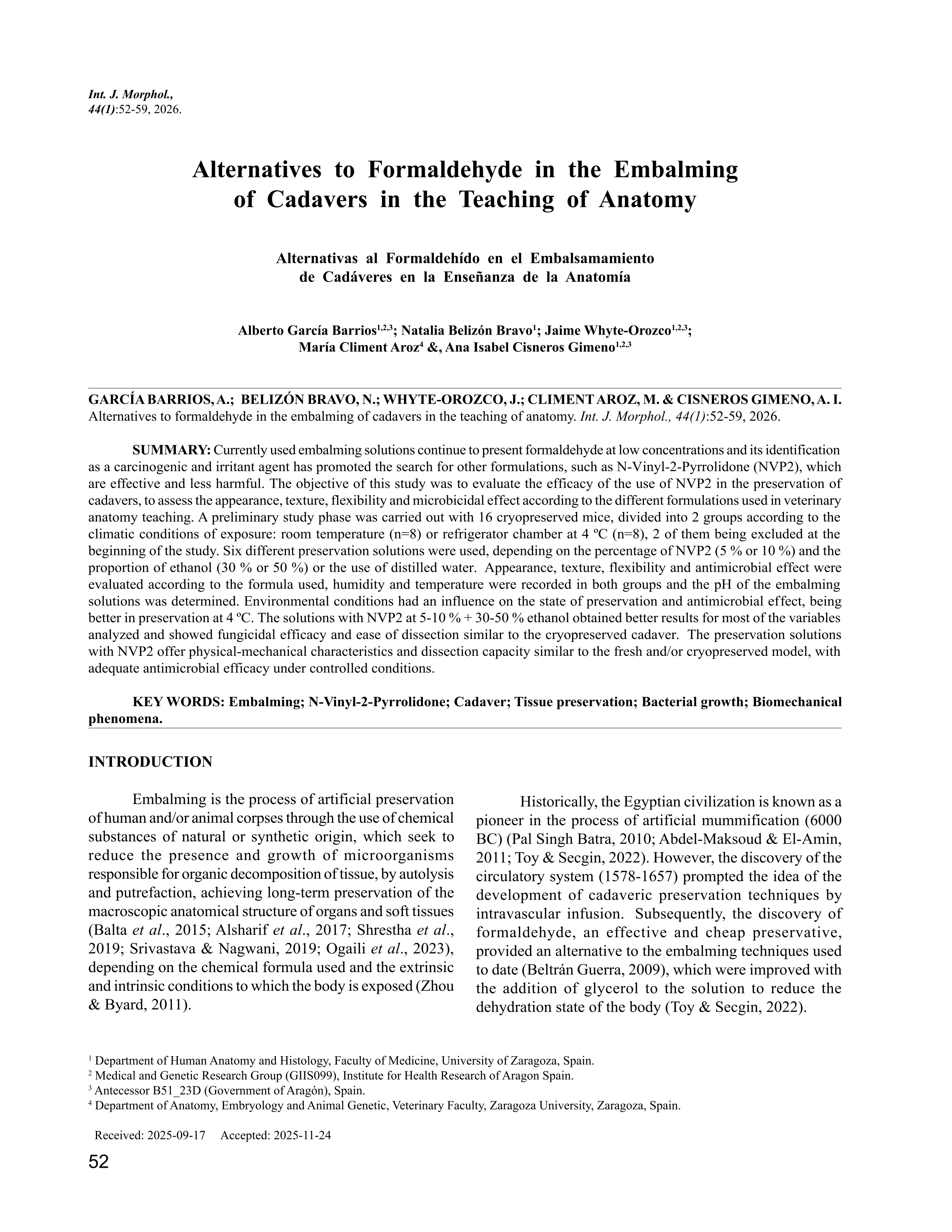 Alternatives to formaldehyde in the embalming of cadavers in the teaching of anatomy