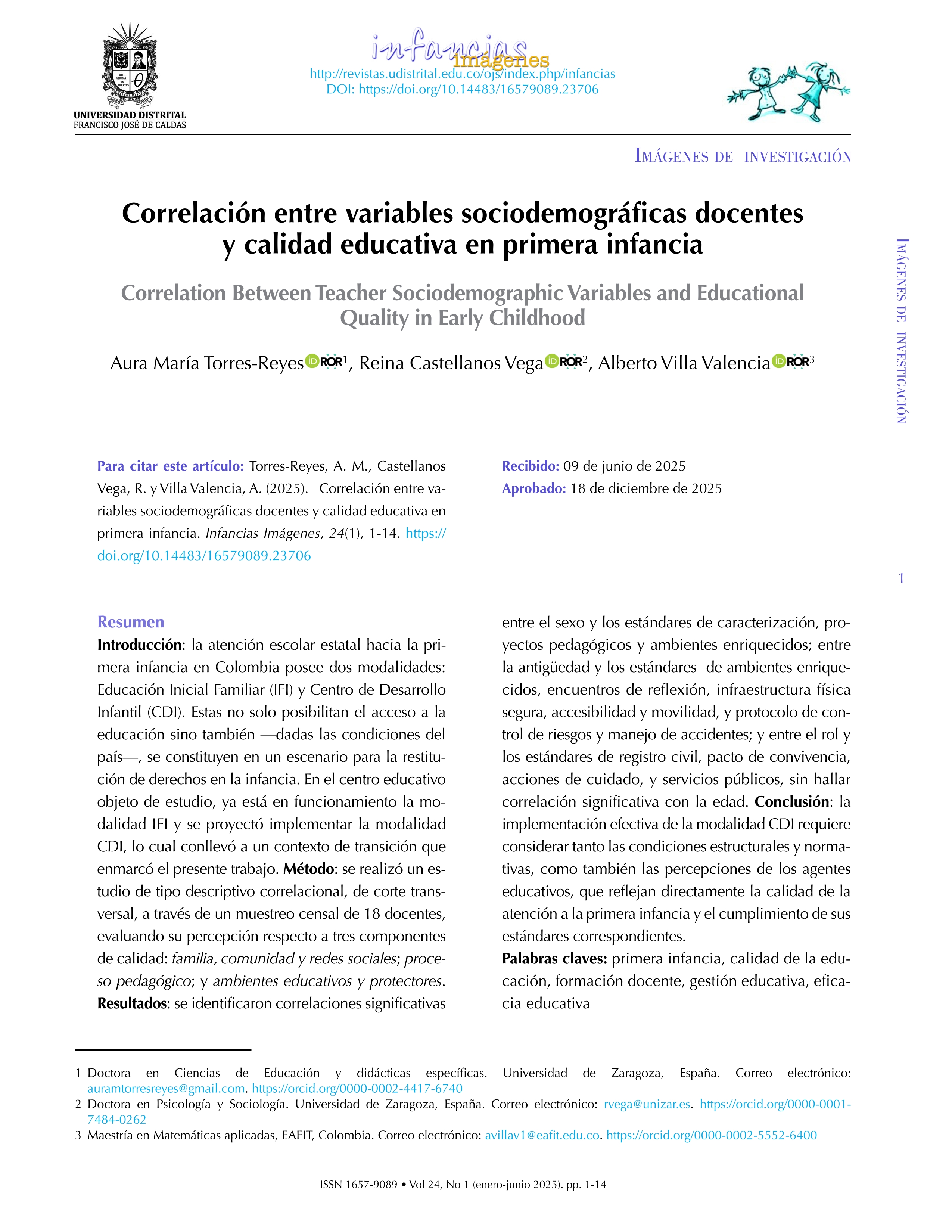 Correlación entre variables sociodemográficas docentes y calidad educativa en primera infancia