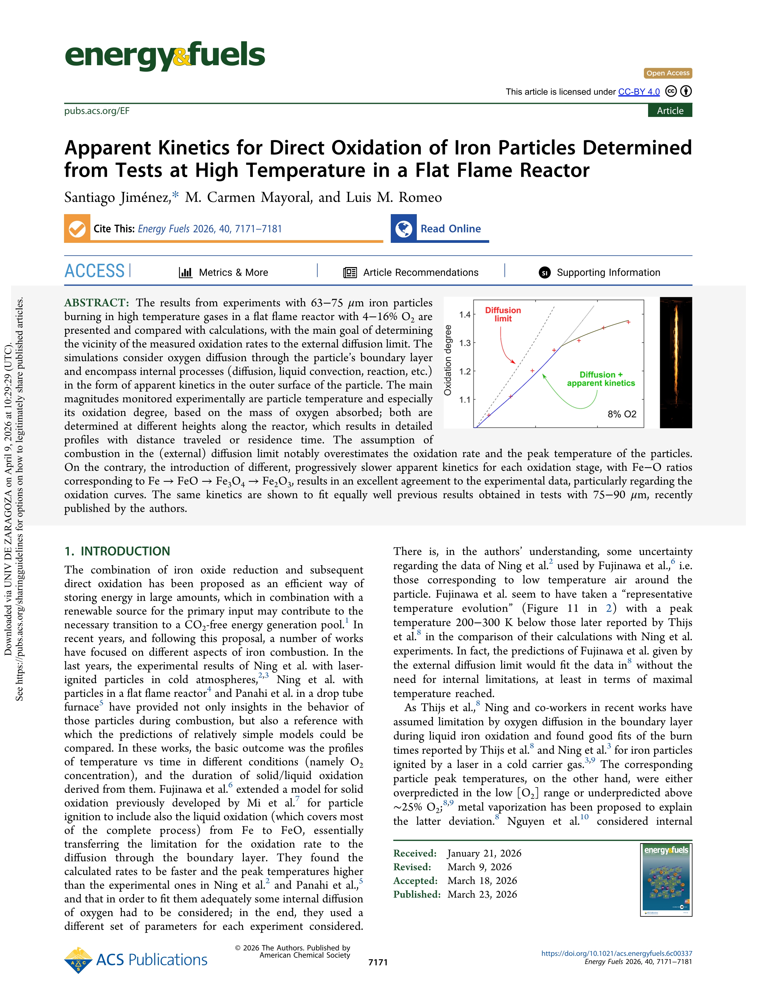 Apparent Kinetics for Direct Oxidation of Iron Particles Determined from Tests at High Temperature in a Flat Flame Reactor