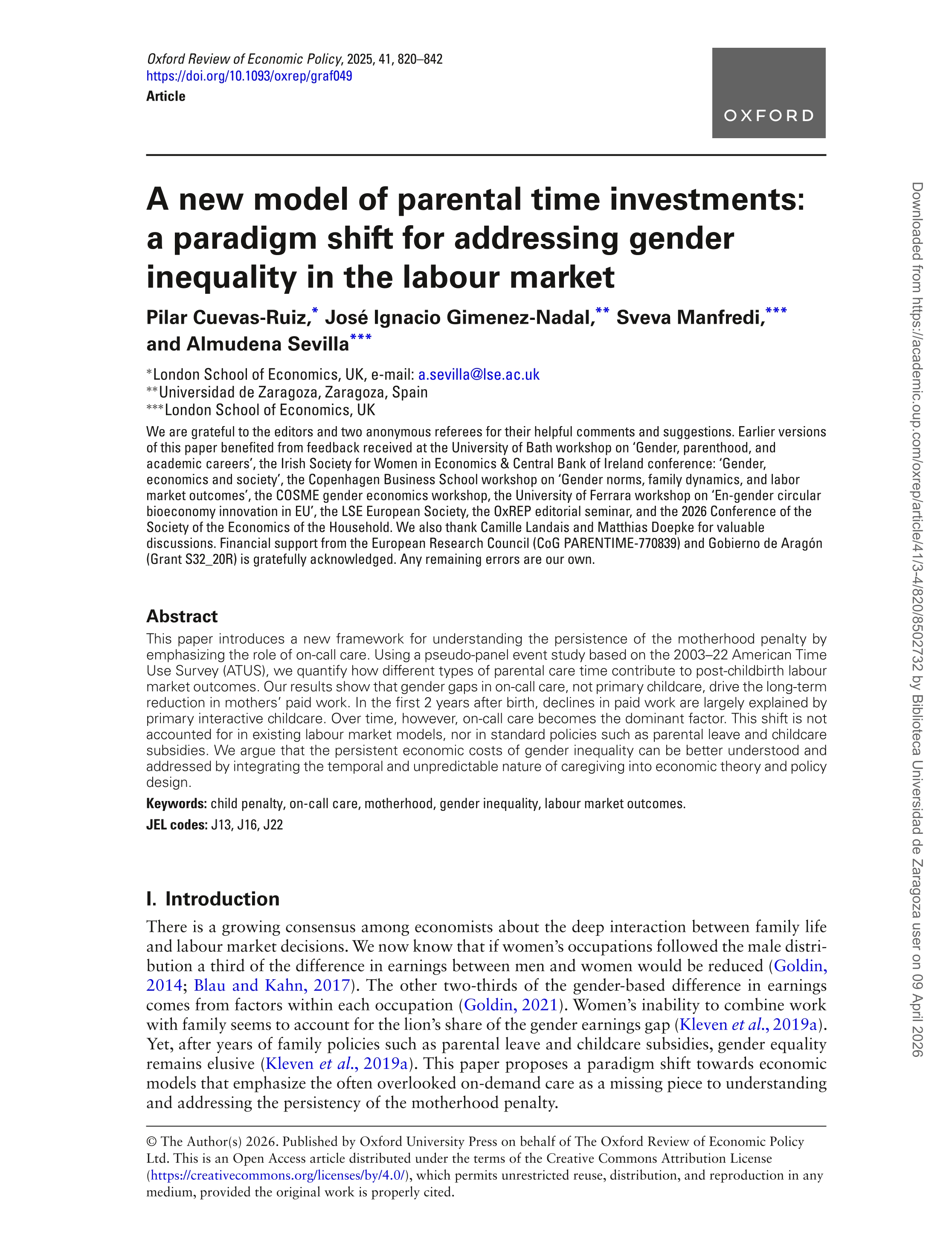 A new model of parental time investments: a paradigm shift for addressing gender inequality in the labour market