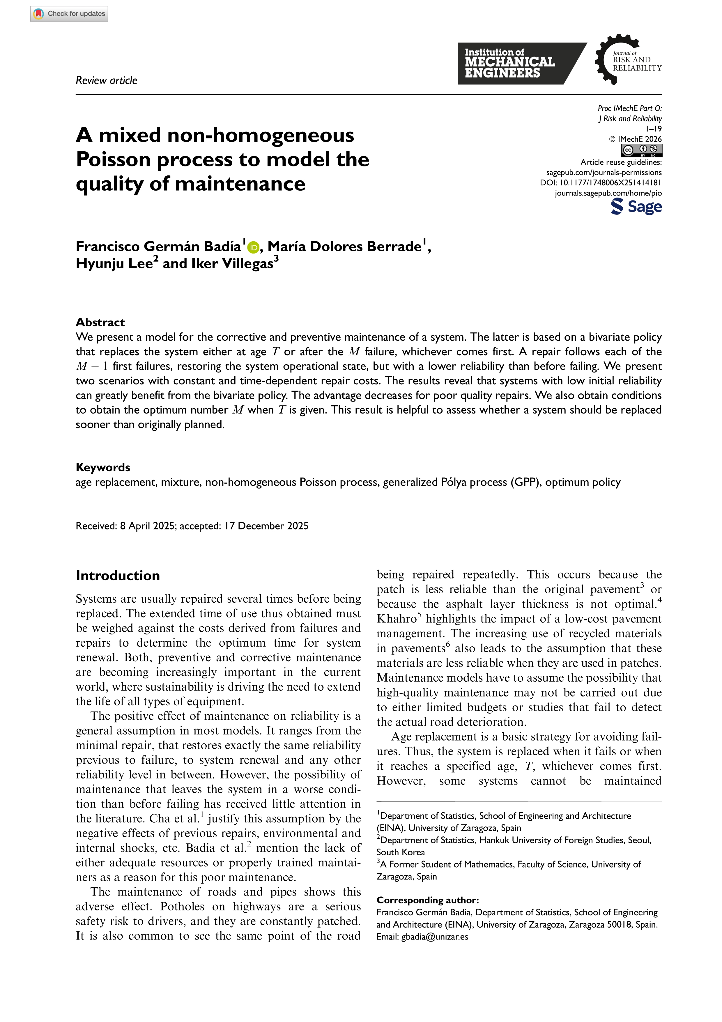 A mixed non-homogeneous Poisson process to model the quality of maintenance