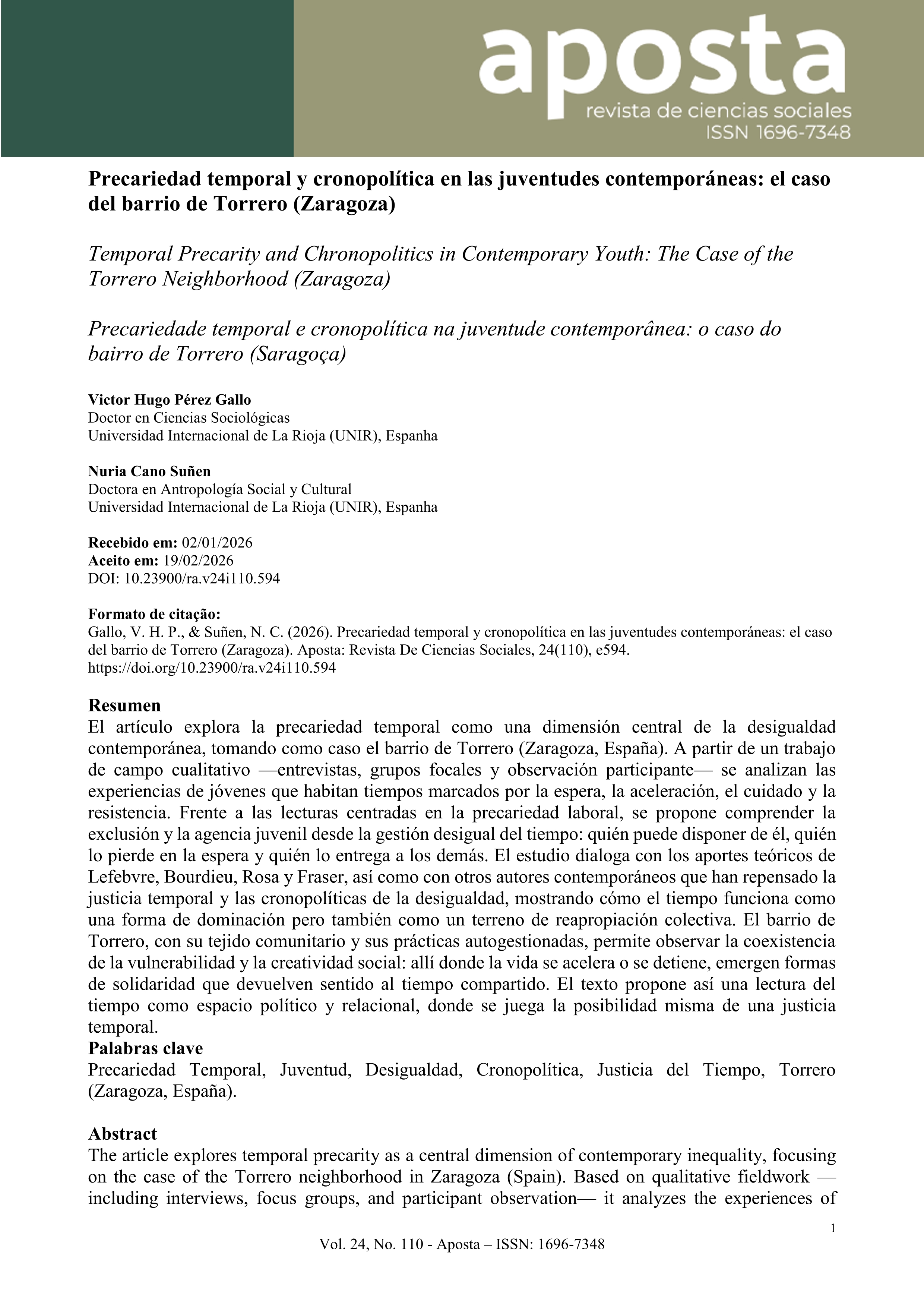 Precariedad temporal y cronopolítica en las juventudes contemporáneas: el caso del barrio de Torrero (Zaragoza)