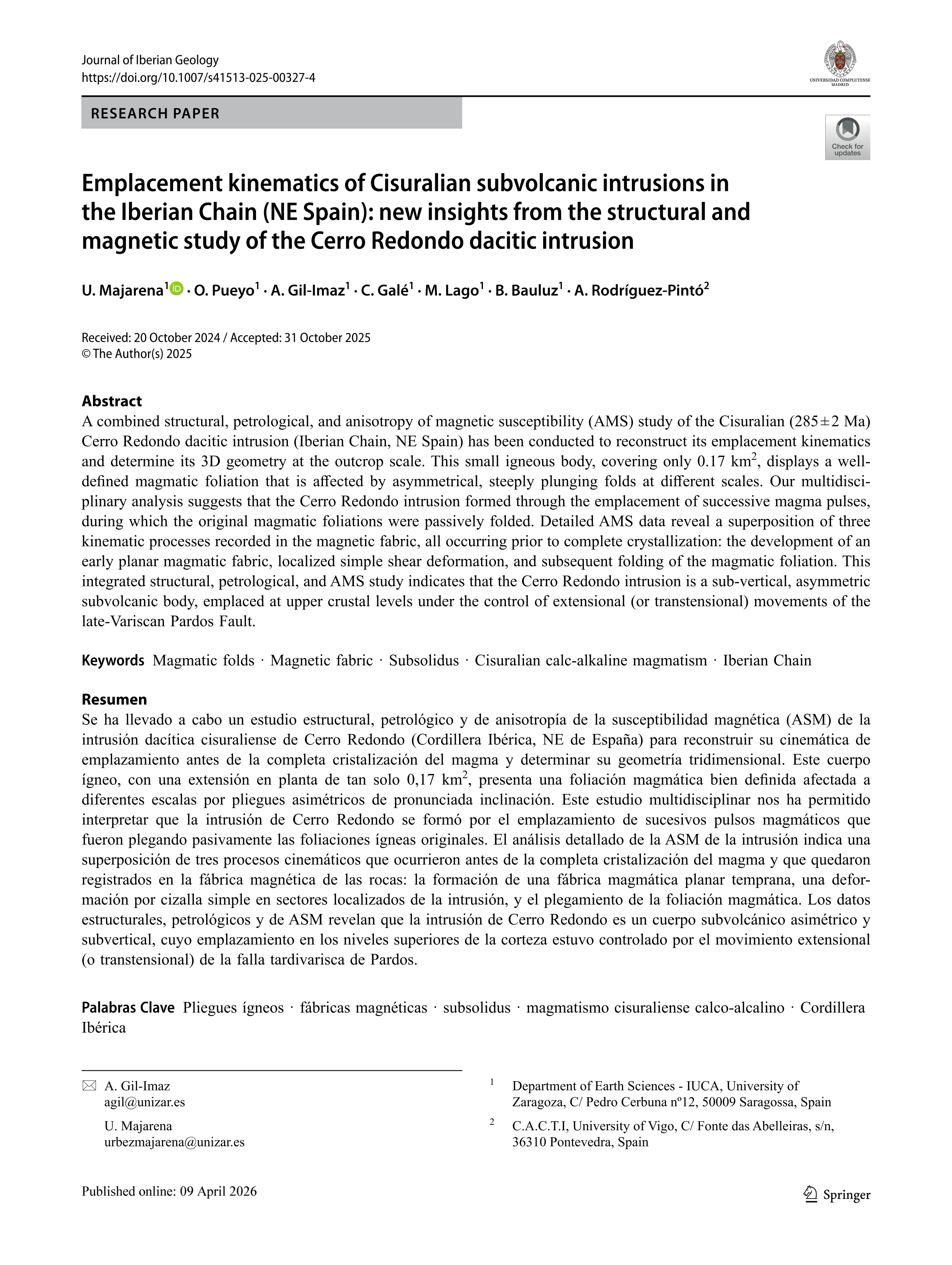 Emplacement kinematics of Cisuralian subvolcanic intrusions in the Iberian Chain (NE Spain): new insights from the structural and magnetic study of the Cerro Redondo dacitic intrusion
