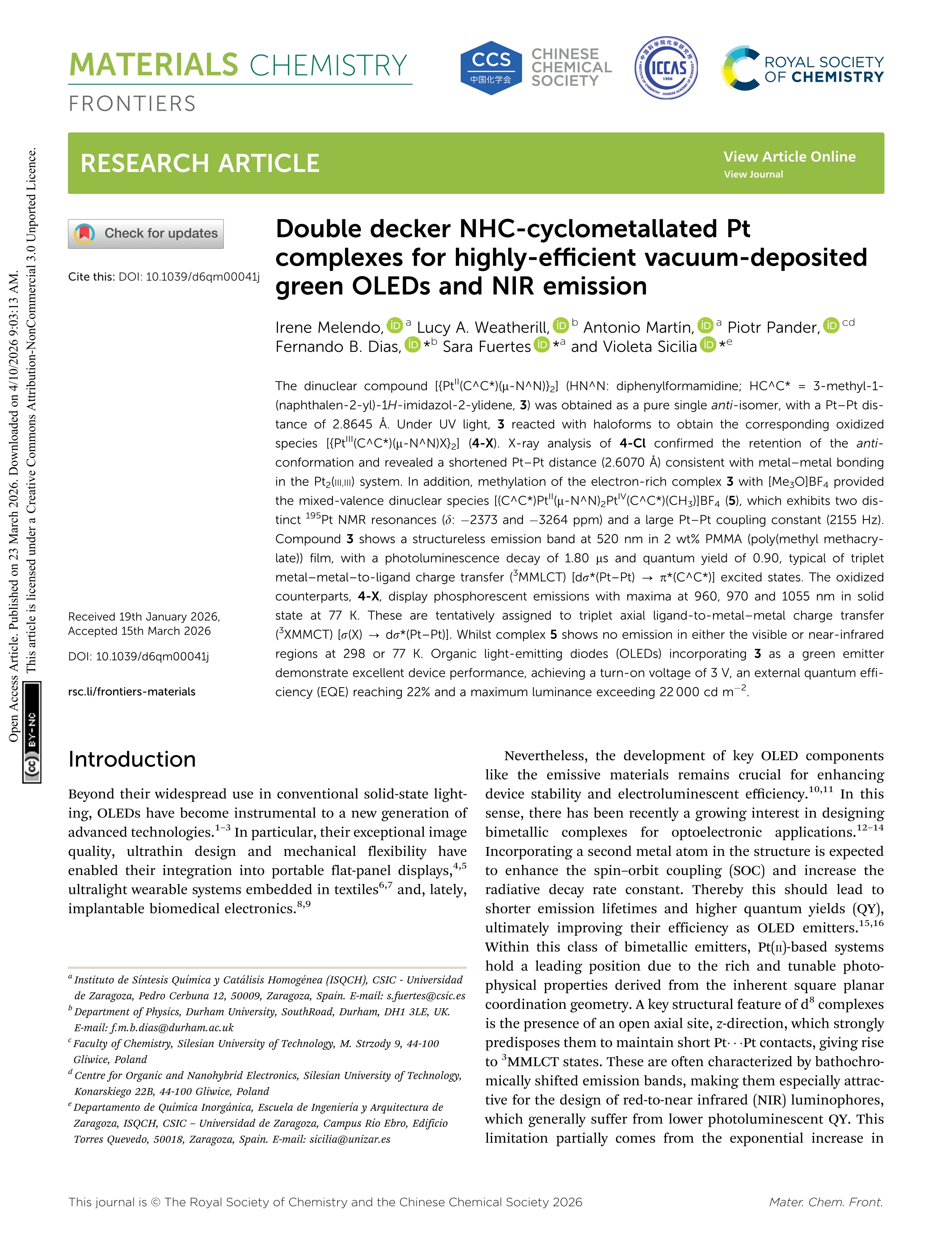 Double decker NHC-cyclometallated Pt complexes for highly-efficient vacuum-deposited green OLEDs and NIR emission
