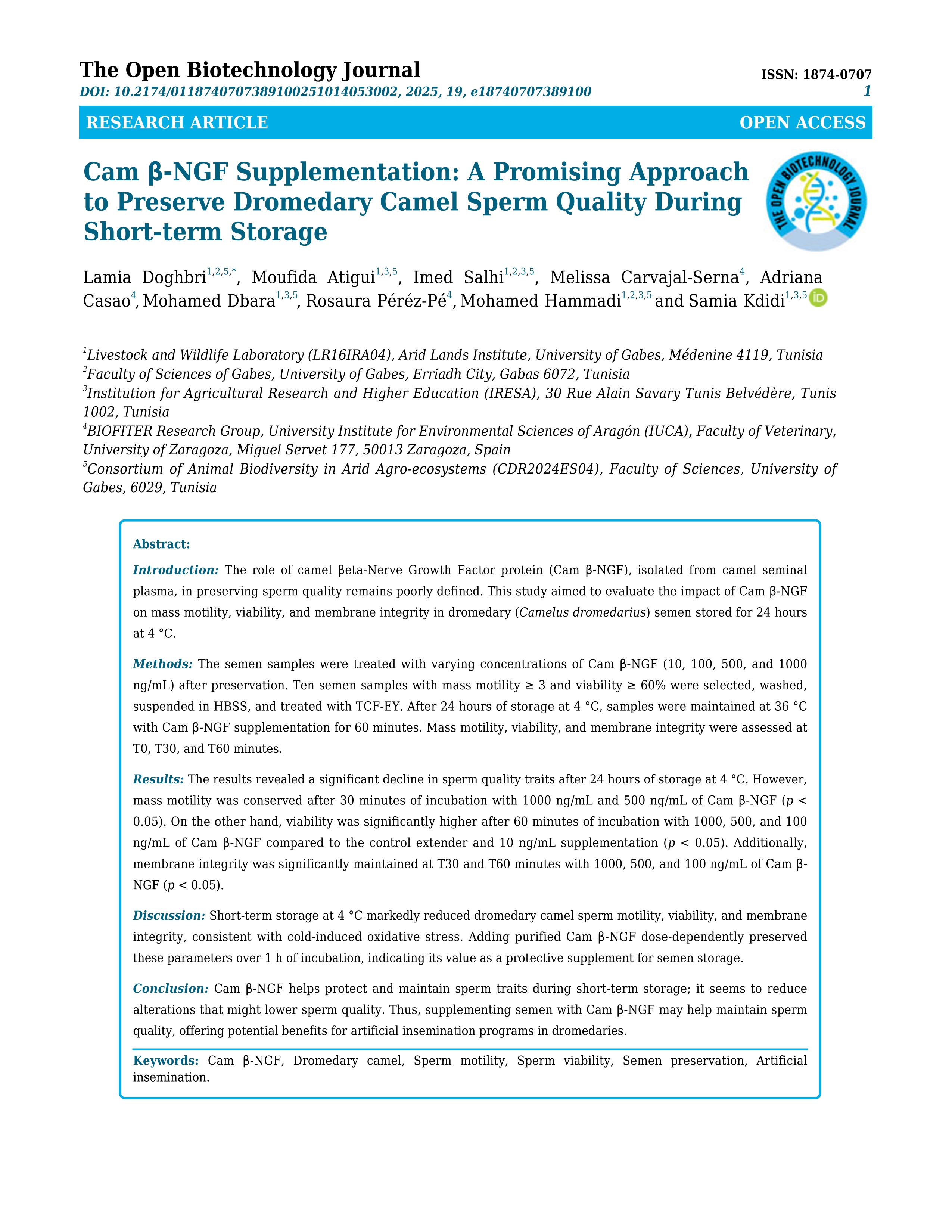 Cam β-NGf supplementation: a promising approach to preserve dromedary camel sperm quality during short-term storage