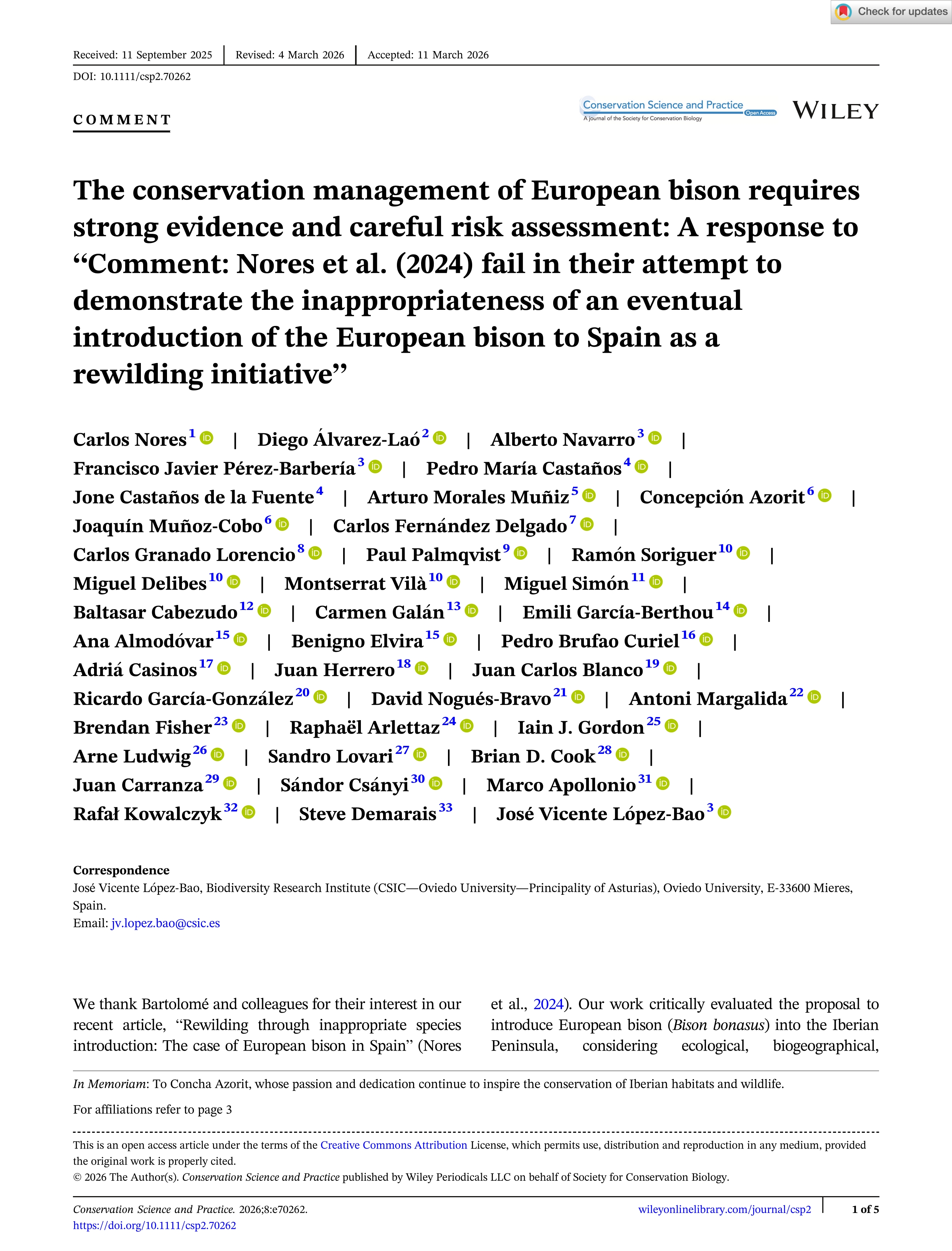 The conservation management of European bison requires strong evidence and careful risk assessment: A response to “Comment: Nores et al. (2024) fail in their attempt to demonstrate the inappropriateness of an eventual introduction of the European bison to Spain as a rewilding initiative