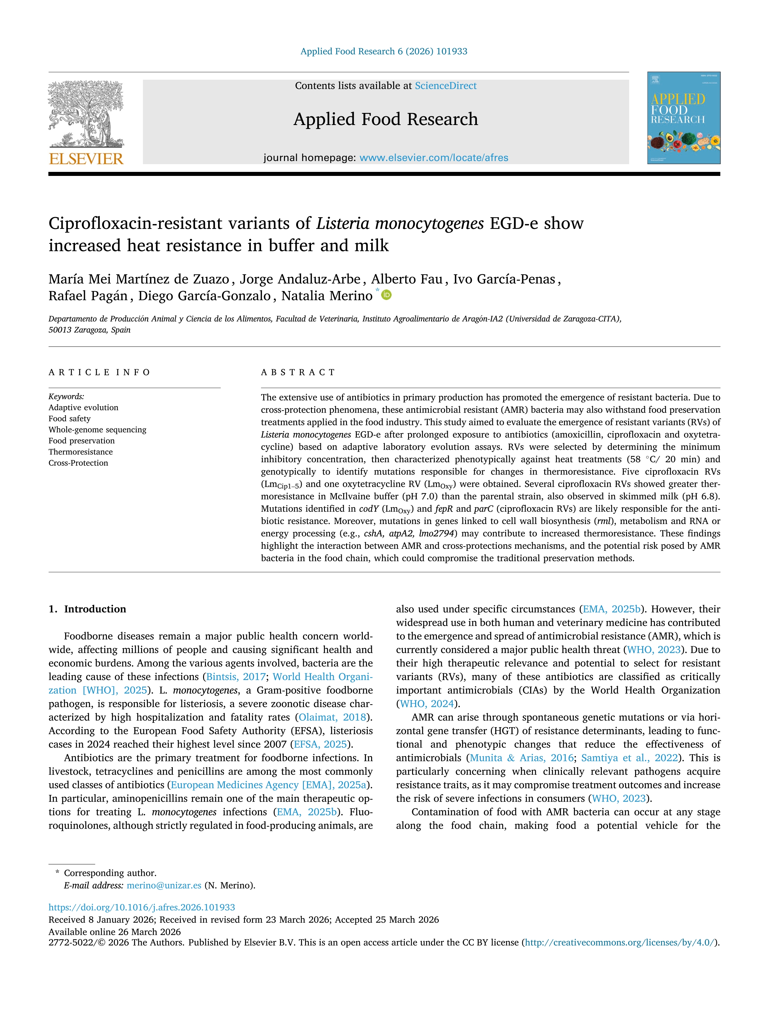 Ciprofloxacin-resistant variants of Listeria monocytogenes EGD-e show increased heat resistance in buffer and milk