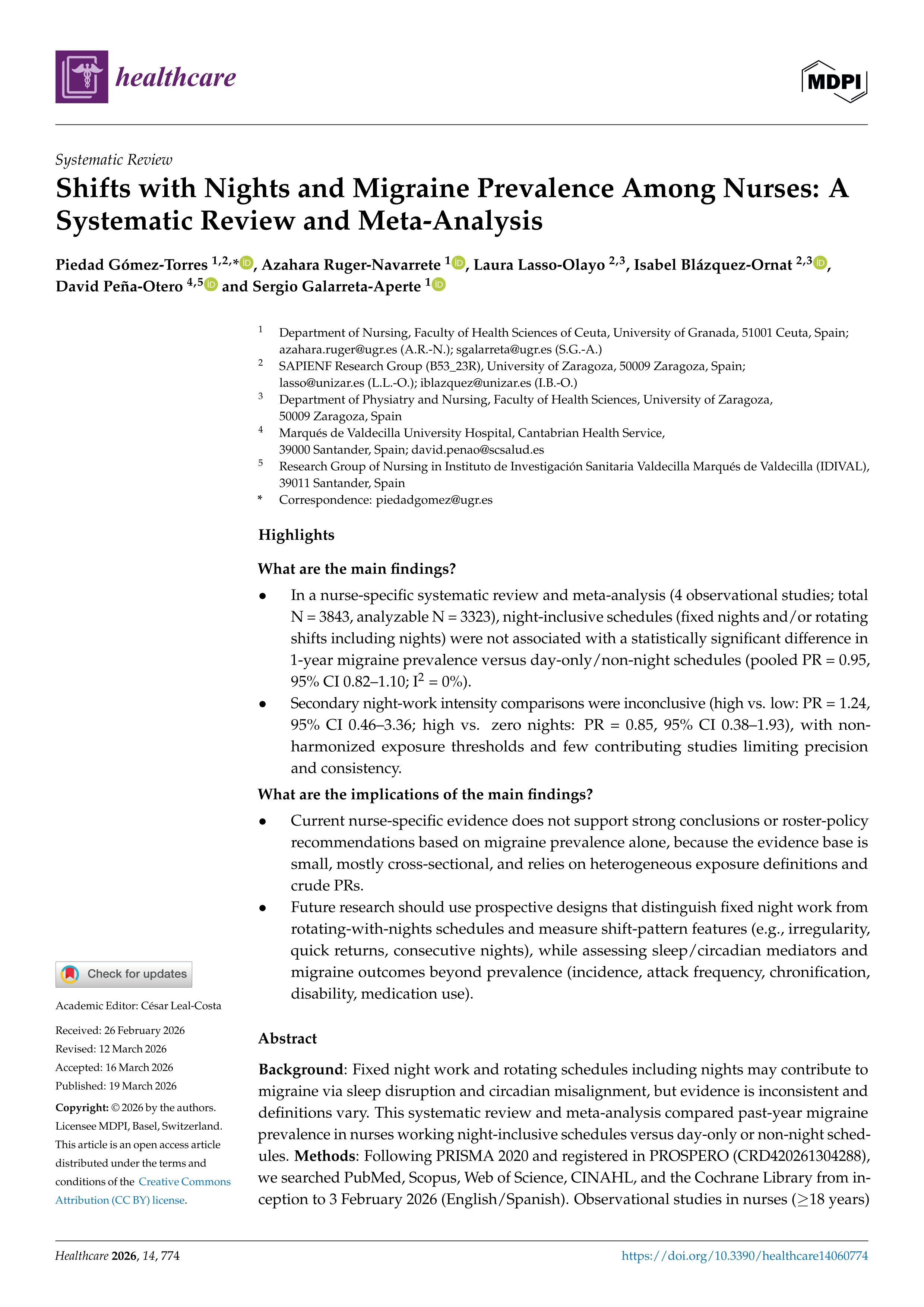 Shifts with nights and migraine prevalence among nurses: a systematic review and meta-analysis