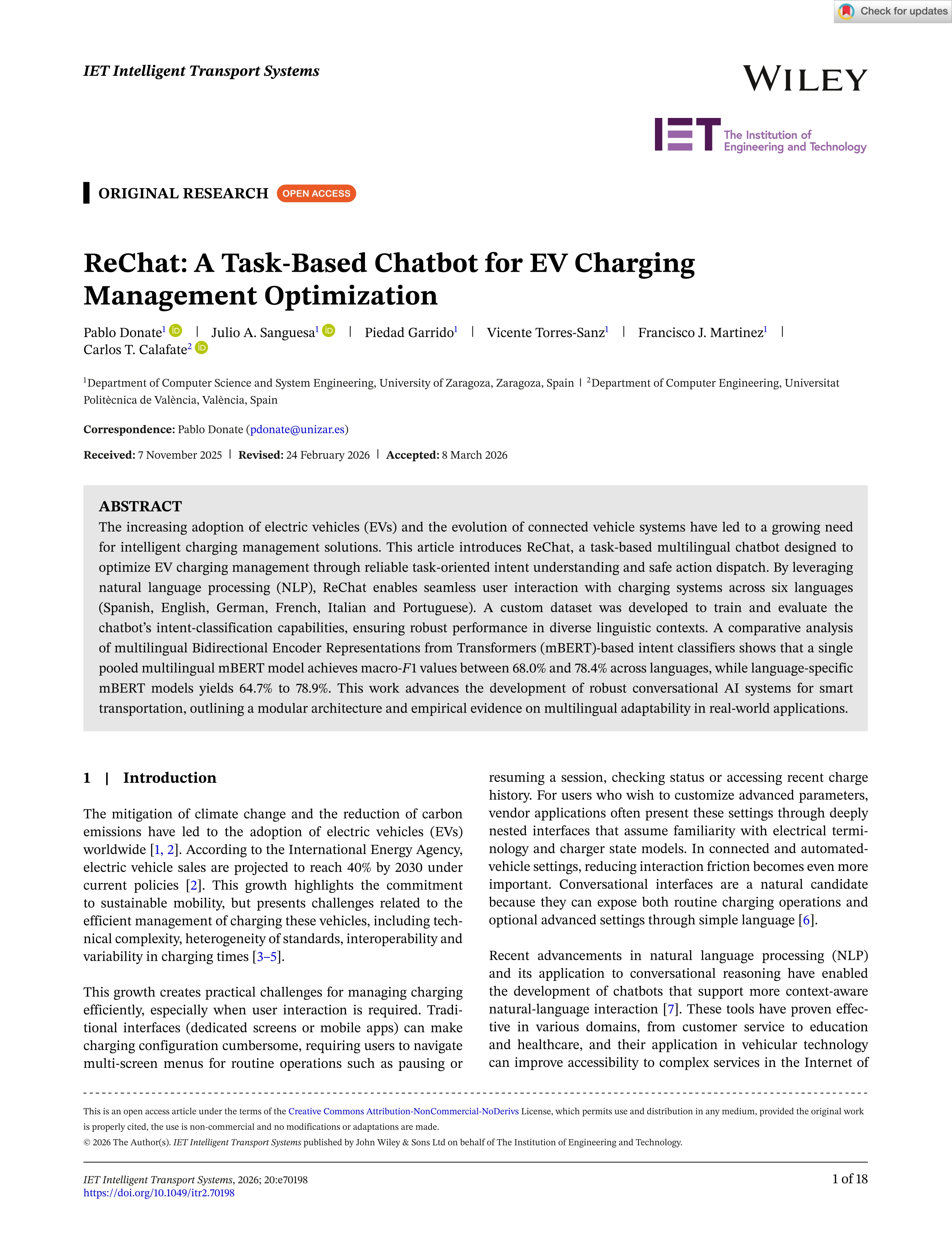 ReChat: A Task‐Based Chatbot for EV Charging Management Optimization