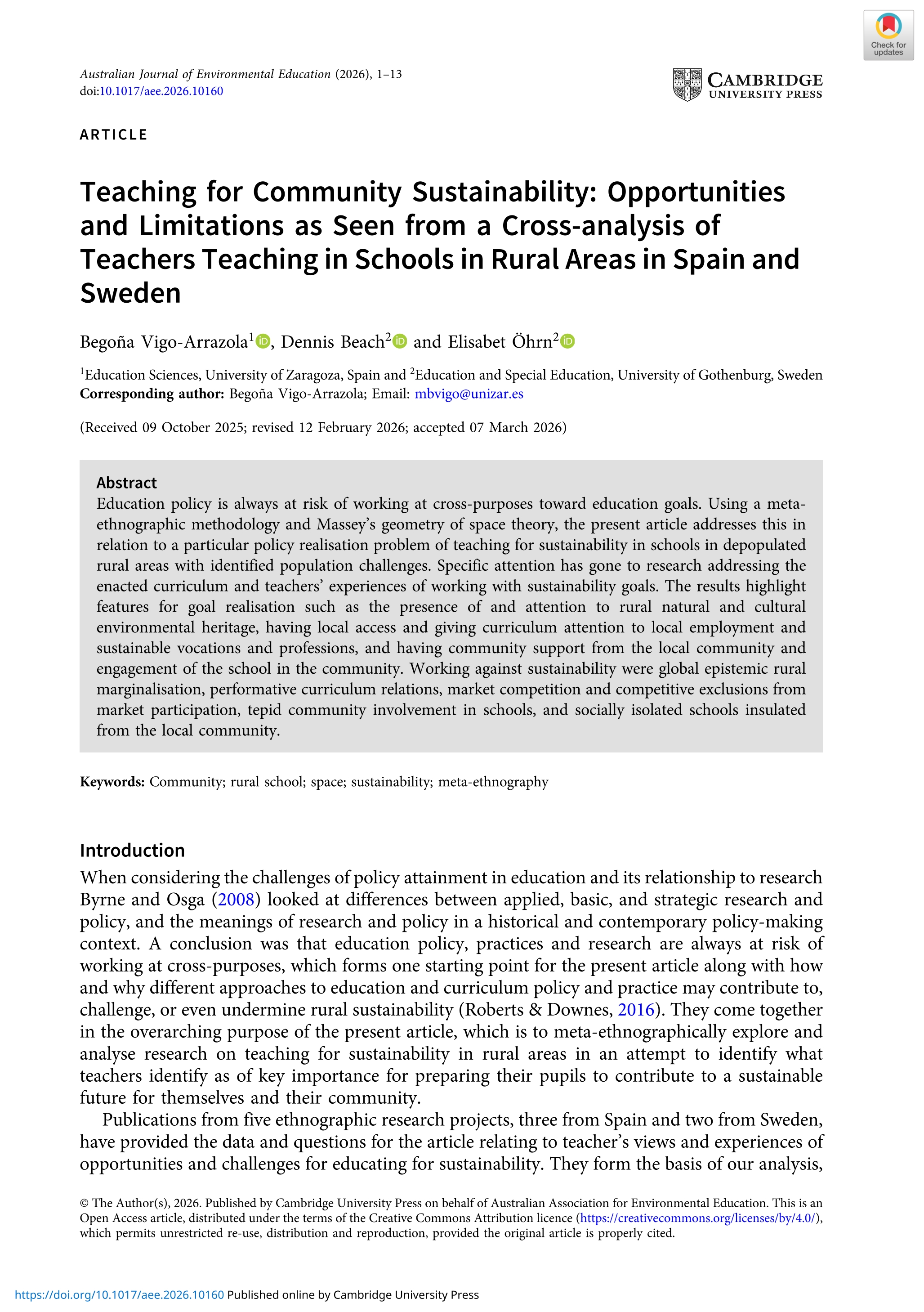 Teaching for Community Sustainability: Opportunities and Limitations as Seen from a Cross-analysis of Teachers Teaching in Schools in Rural Areas in Spain and Sweden
