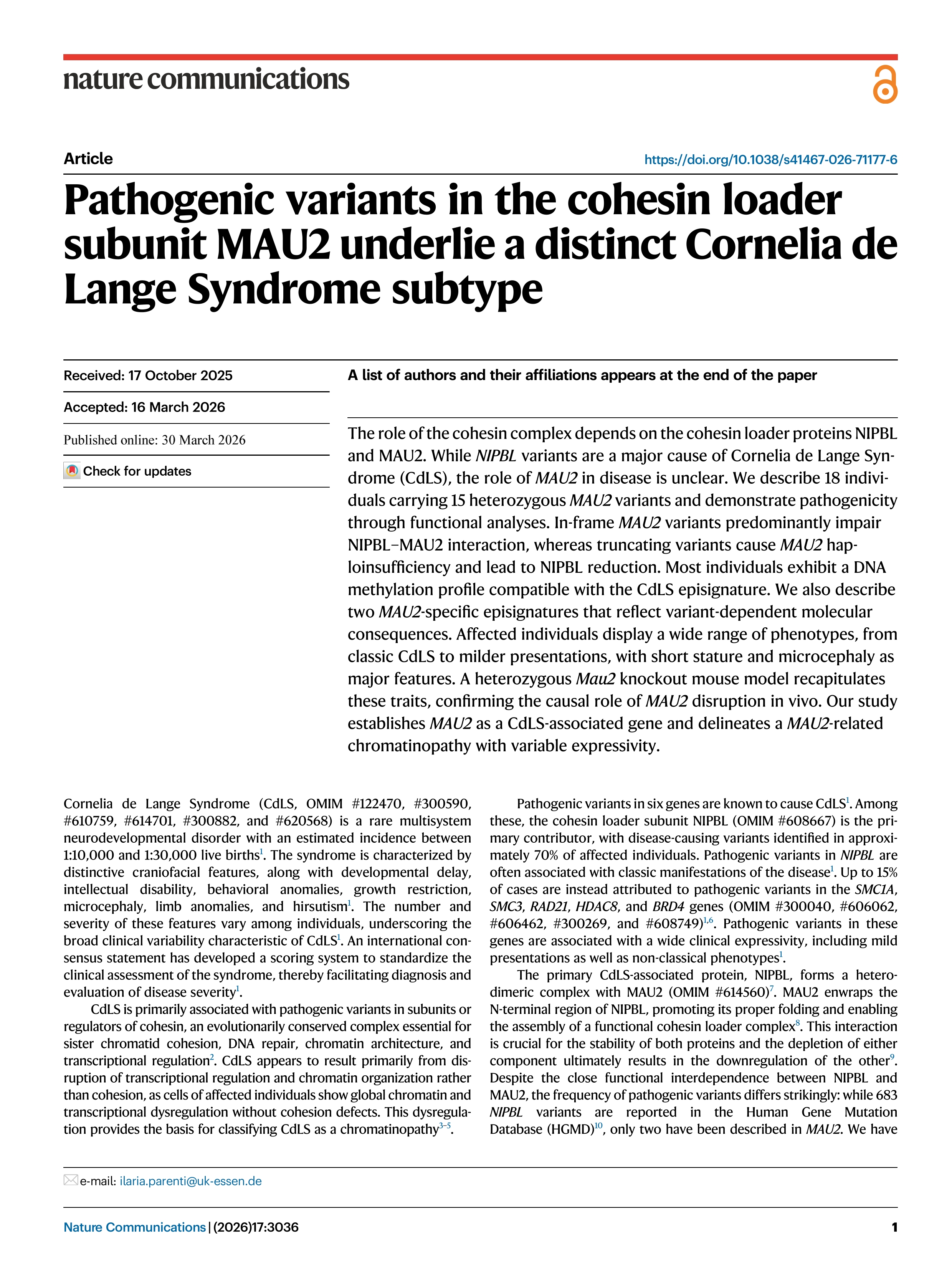 Pathogenic variants in the cohesin loader subunit MAU2 underlie a distinct Cornelia de Lange Syndrome subtype