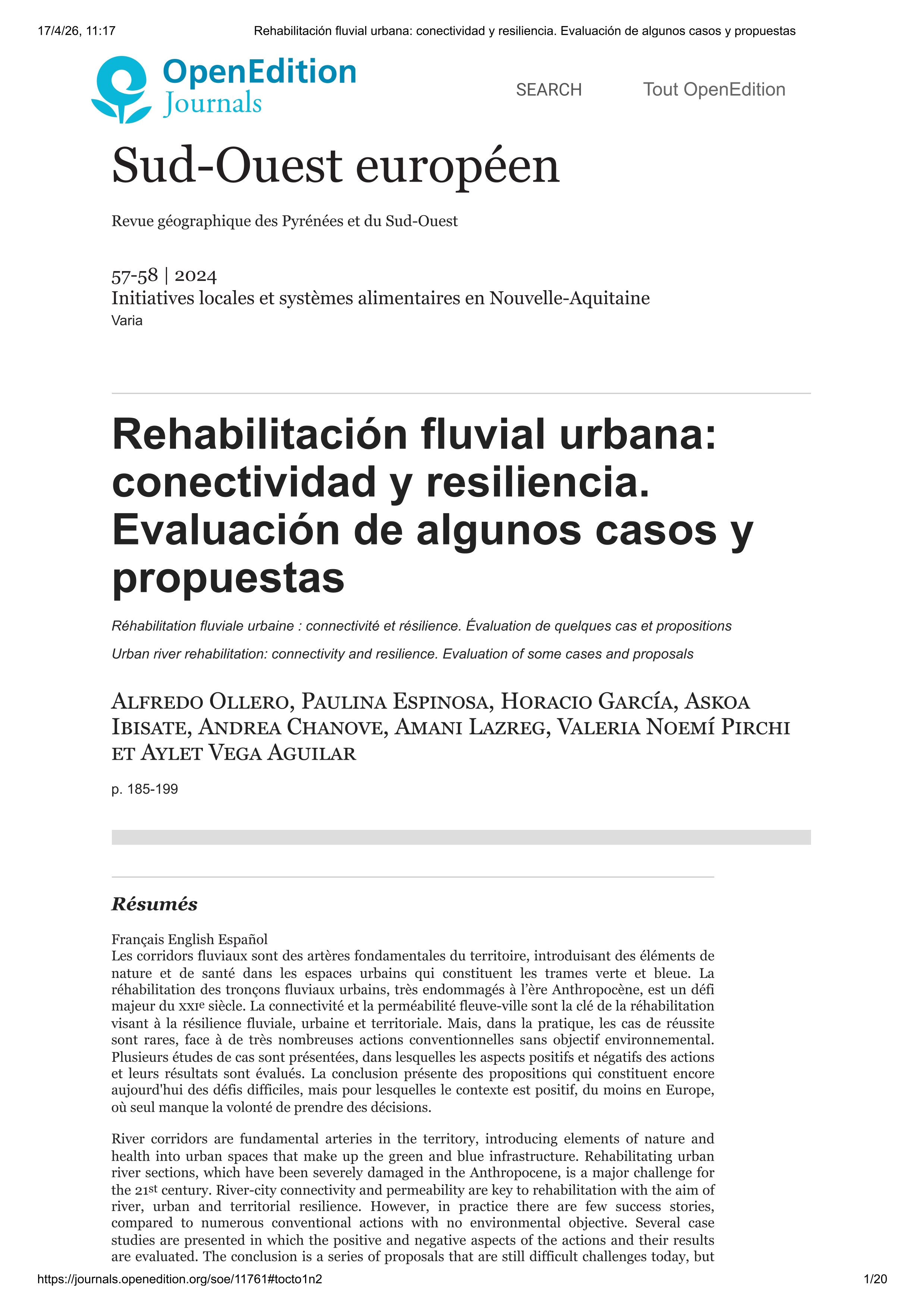 Rehabilitación fluvial urbana: conectividad y resiliencia. Evaluación de algunos casos y propuestas